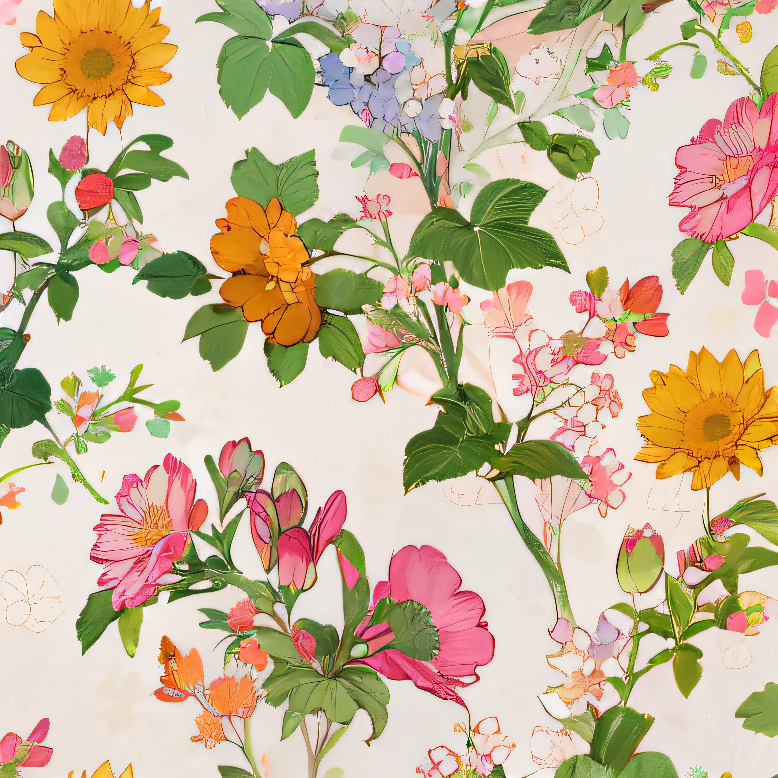 there is a floral pattern with many different flowers on it, floral wallpaper, flowery wallpaper, Garden floral pattern, floral patterns, Computer wallpaper, florest background, floral flowers colorful, delicate garden on paper, beautiful wallpaper, floral patterned skin, flowers and blossoms, Seamless pattern design, Desktop Wallpapers, floral renewal, pastel flowery background, pink yellow flowers --auto