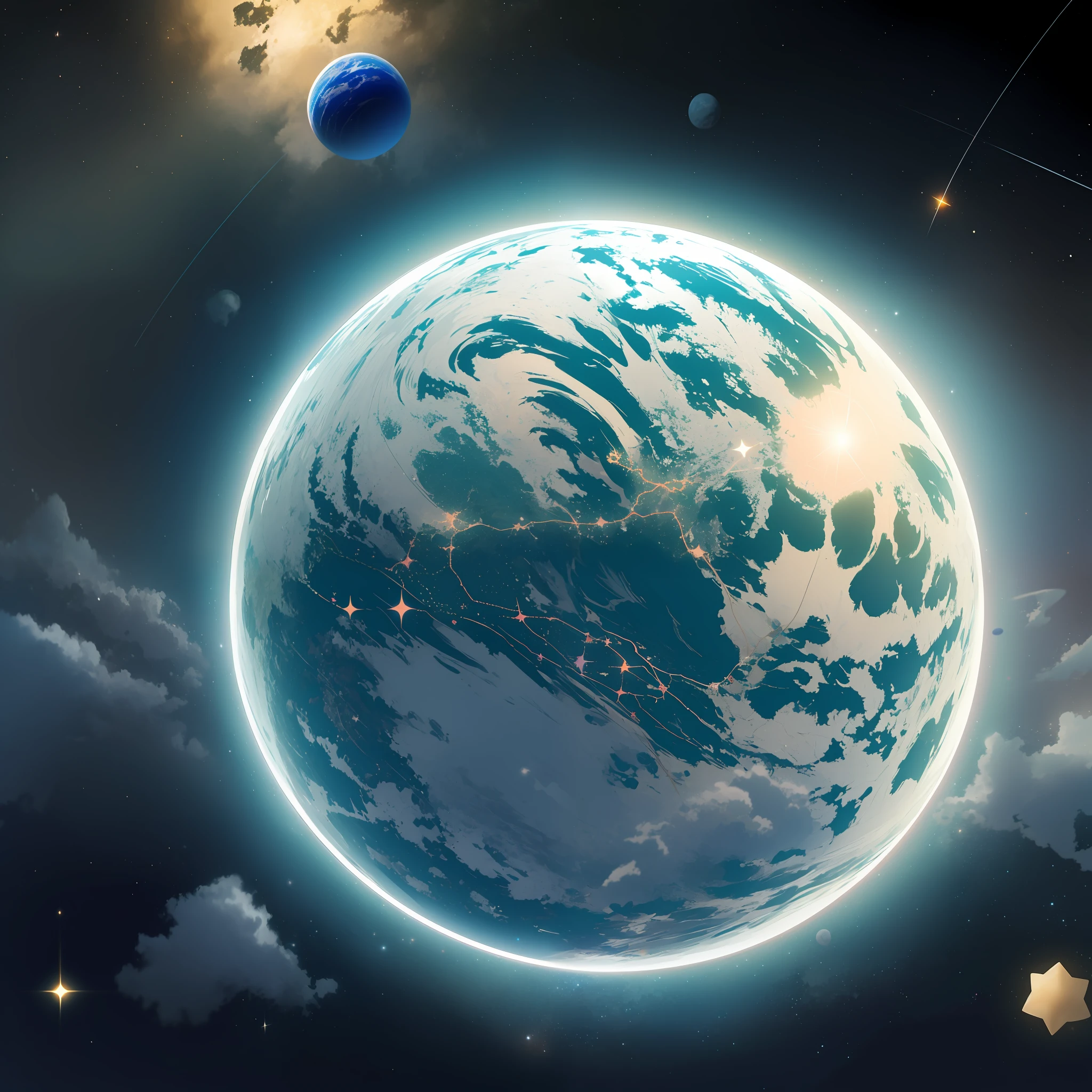 view from space, a planet surrounded by stars, a beautifull lush green planet far off in the distance, alien civilization  lights visible on the planets surface ,turquoise clouds, one planet only at night