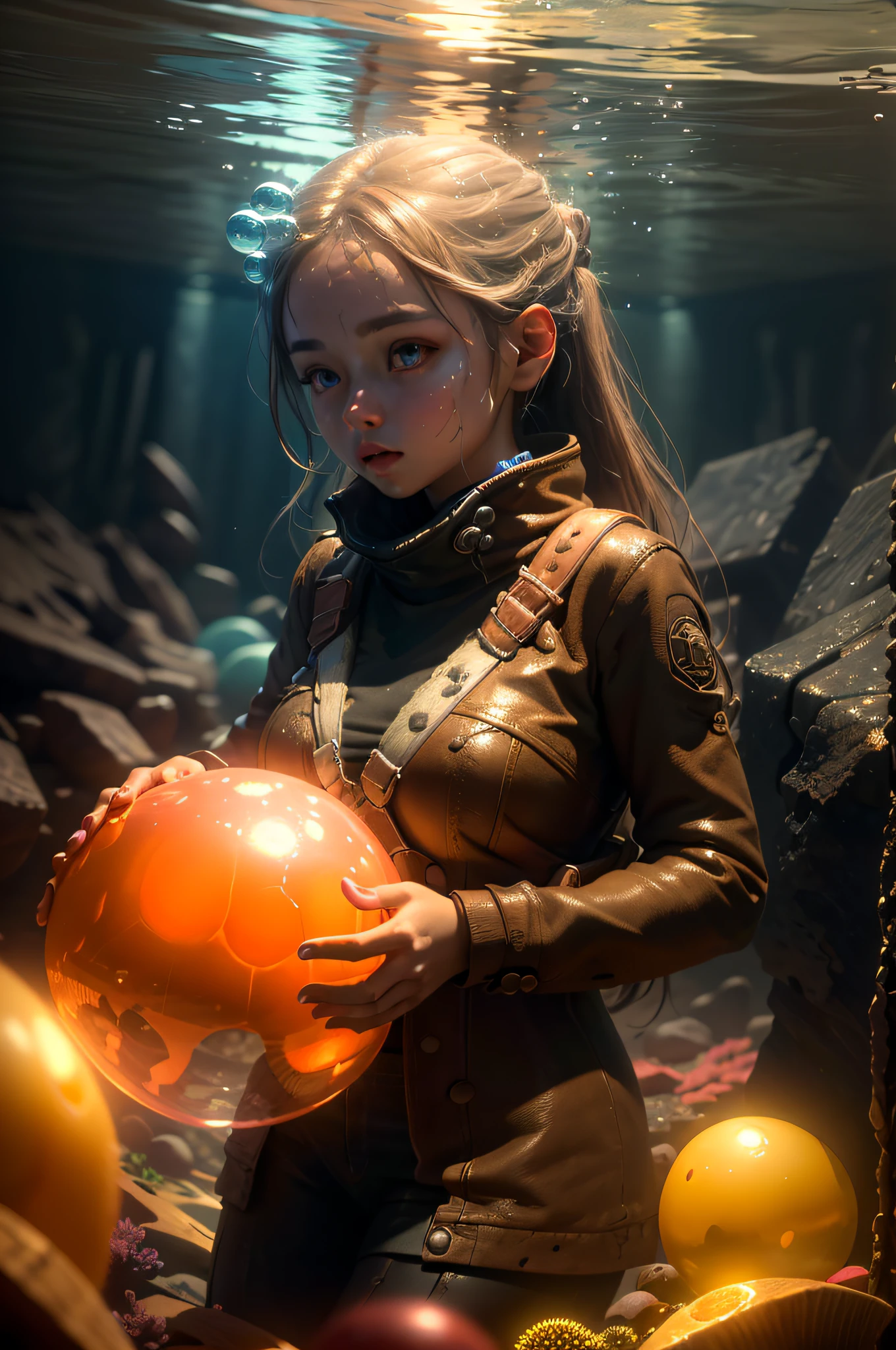 (Masterpiece, Best Quality:1.3), highres, (8k resolution), (ultra-detailed:1.1), madgod, stop motion, horror, 1 girl, glowing, underwater, photorealistic, glowing:0.3, (details:1.2), volumetric lighting, (extremely detailed), bubble