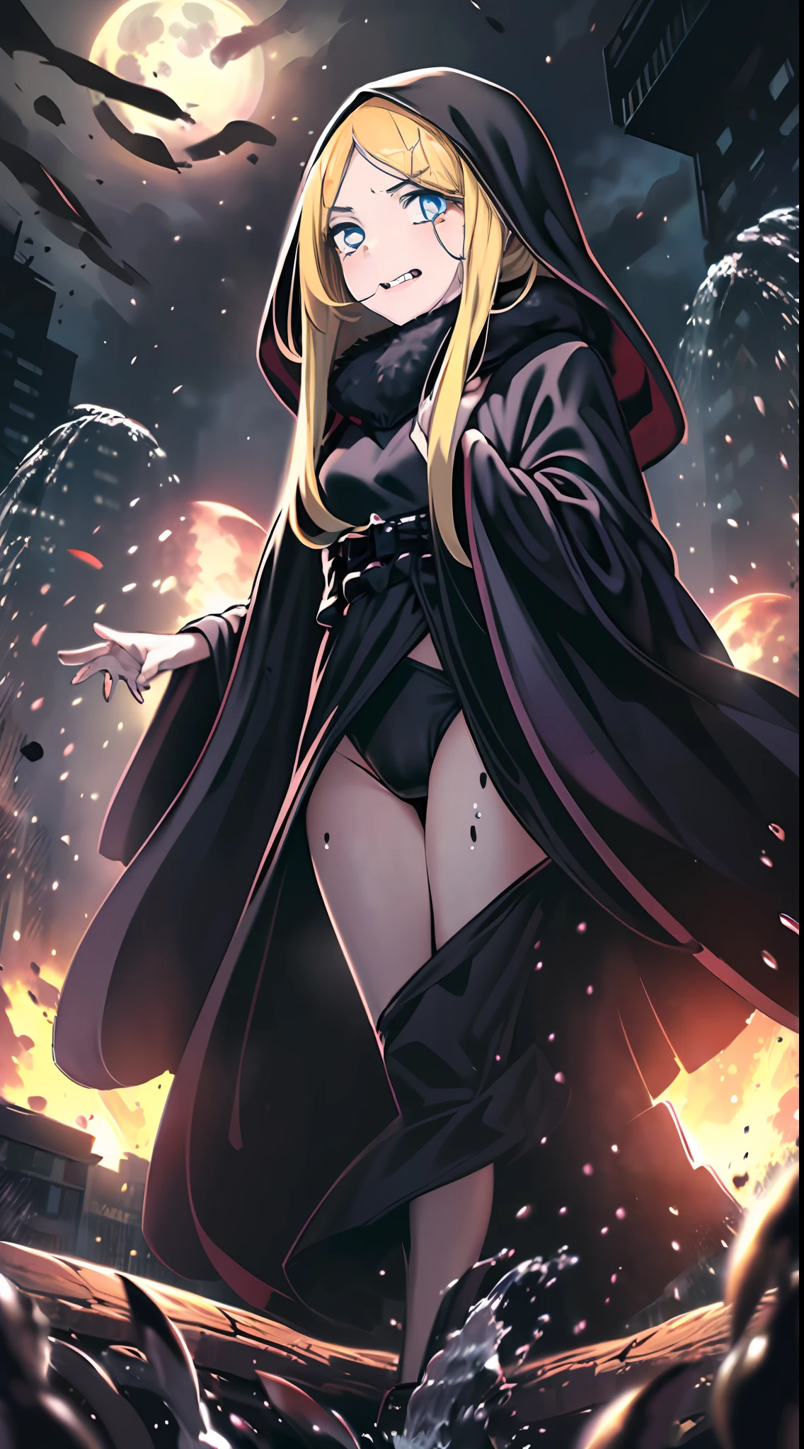 Anime style, High quality, high details, A ta Vampire, ((Blonde, long, Loose fluffy, Hair)), young outline, ((Intimidating, hisui, Eyes)), mischievous mouth, ((Young body, Red dripping water)) ((Black underwear, Black cloak)), ((fullmoon, Dark, Night)), city, ((Multiple Magic Circles)),