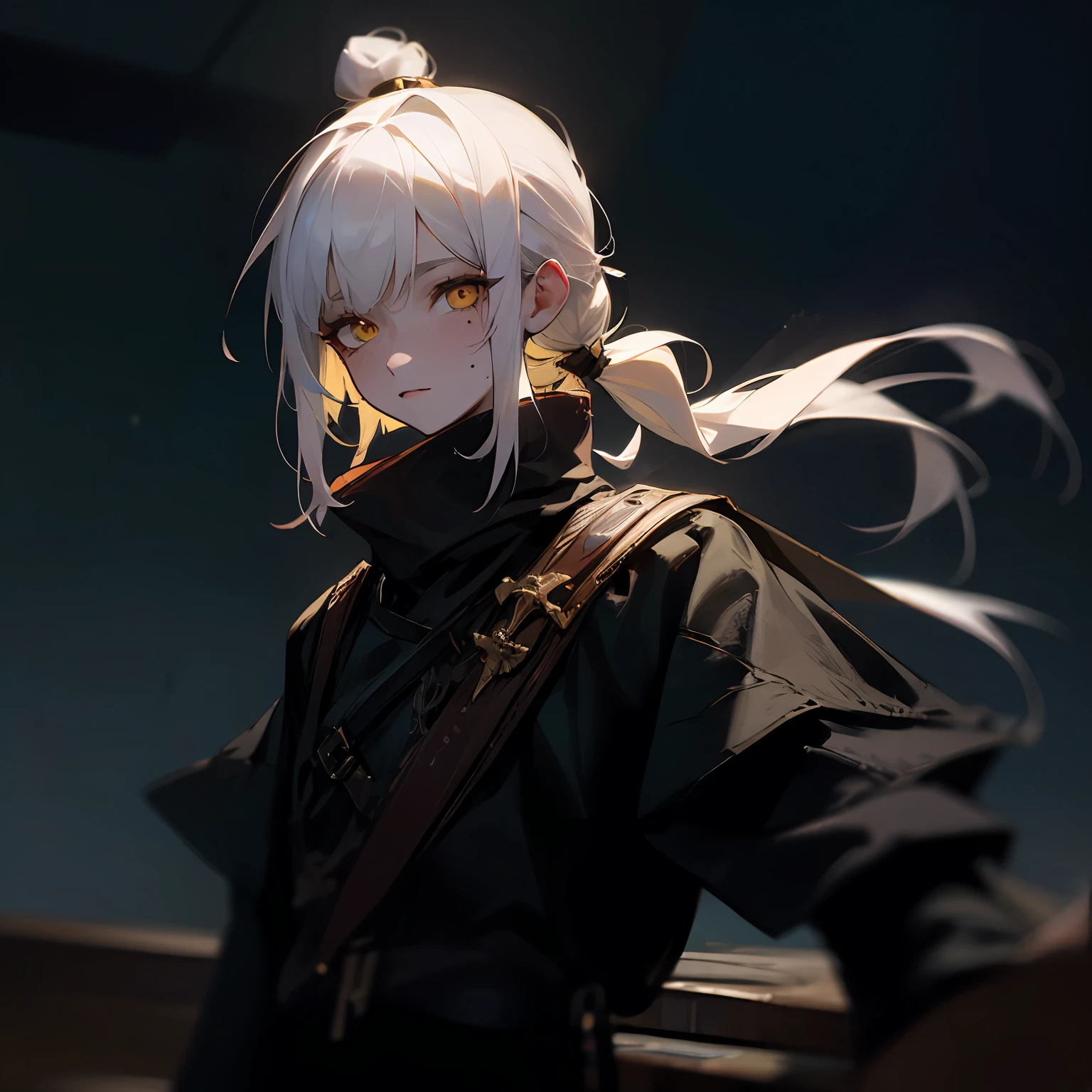 white hair, topknot, hair bobbles, mole under eye, yellow eyes, modern, atmospheric perspective, high details, UHD, high quality, masterpiece --auto