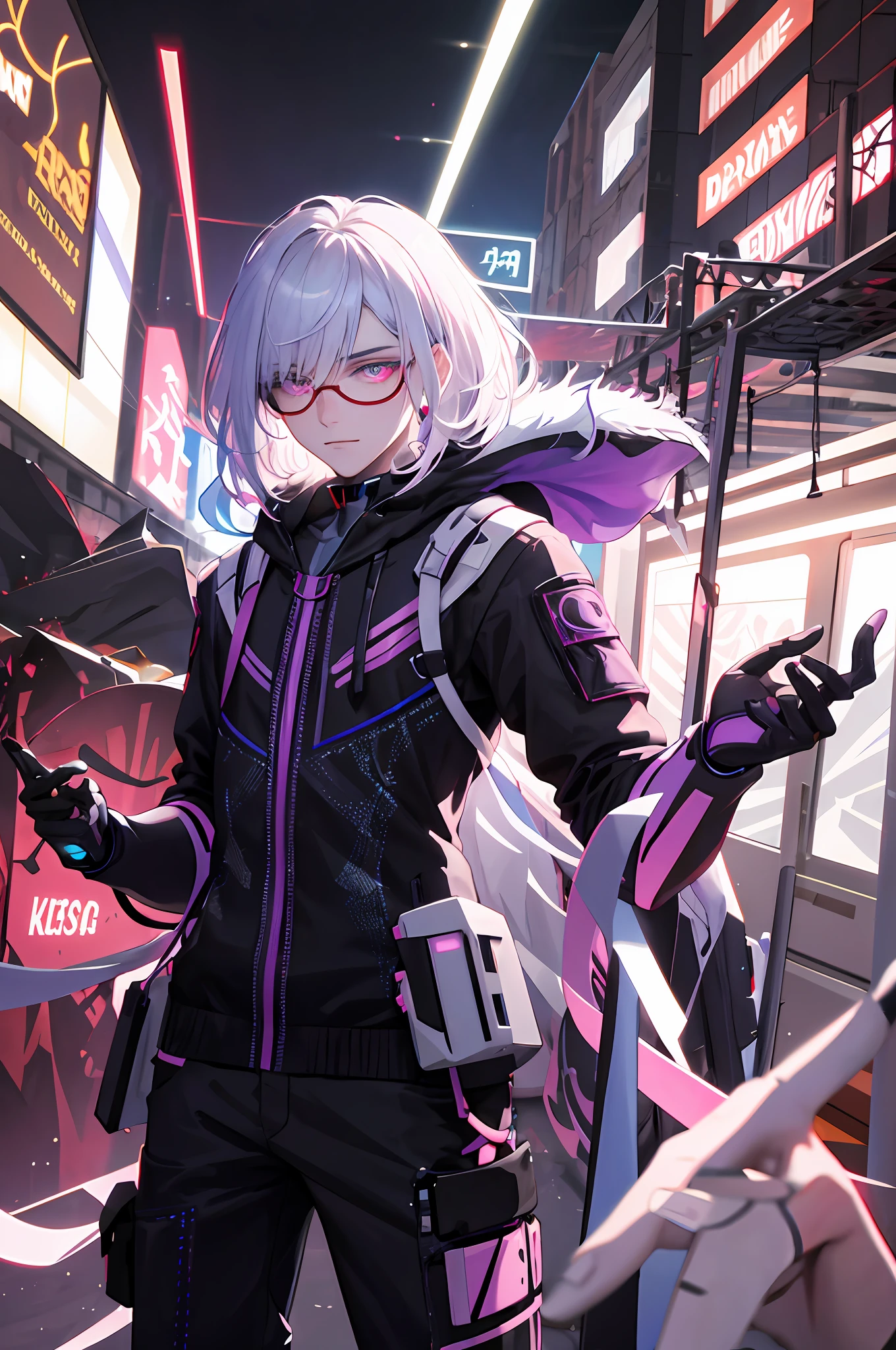 In the sprawling cyberpunk city of NeoTokyo, an enigmatic vampire boy named Kieran captivates everyone who finds him. At 18, he possesses a seductive presence and a mysterious aura that catches the attention of both humans and cyborgs. With his highly detailed appearance and haunting look, Kieran navigates the neon-lit streets, weaving the ever-evolving tapestry of this futuristic metropolis.
Kieran's hair is a mesmerizing mix of black, white and vibrant shades of purple. Her locks fall down her shoulders in a carefully shaken manner, capturing the essence of the cyberpunk aesthetic. The ebony threads are interwoven with ethereal traces of ivory white and electrifying shades of purple, creating a captivating visual symphony. As NeoTokyo's neon lights reflect off her hair, it sheds a soft glow, increasing her ethereal presence.
Adorning Kieran's crisp features are sleek, high-tech glasses that perfectly combine style and functionality. The frames, crafted from polished titanium alloy, display intricate circuit patterns delicately inlaid with neon purple details. These glasses not only improve your appearance, but also provide advanced augmented reality features. The lenses overlay a digital display that grants Kieran real-time information, allowing him to perceive the cybernetic cityscape in a heightened state of consciousness.
Kieran's eyes possess an undeniable magnetism. One eye glows with a piercing crimson red, radiating an intensity that suggests its vampiric nature. The other eye, however, bears the mark of corruption—a whirlwind of darkness intertwined with shattered cybernetics. It grants him an aura of foreboding and unsettling, signifying the convergence of power and decadence within him. The mismatched eyes create a captivating contrast, reflecting their inner turmoil and the complexities of their existence.
Your