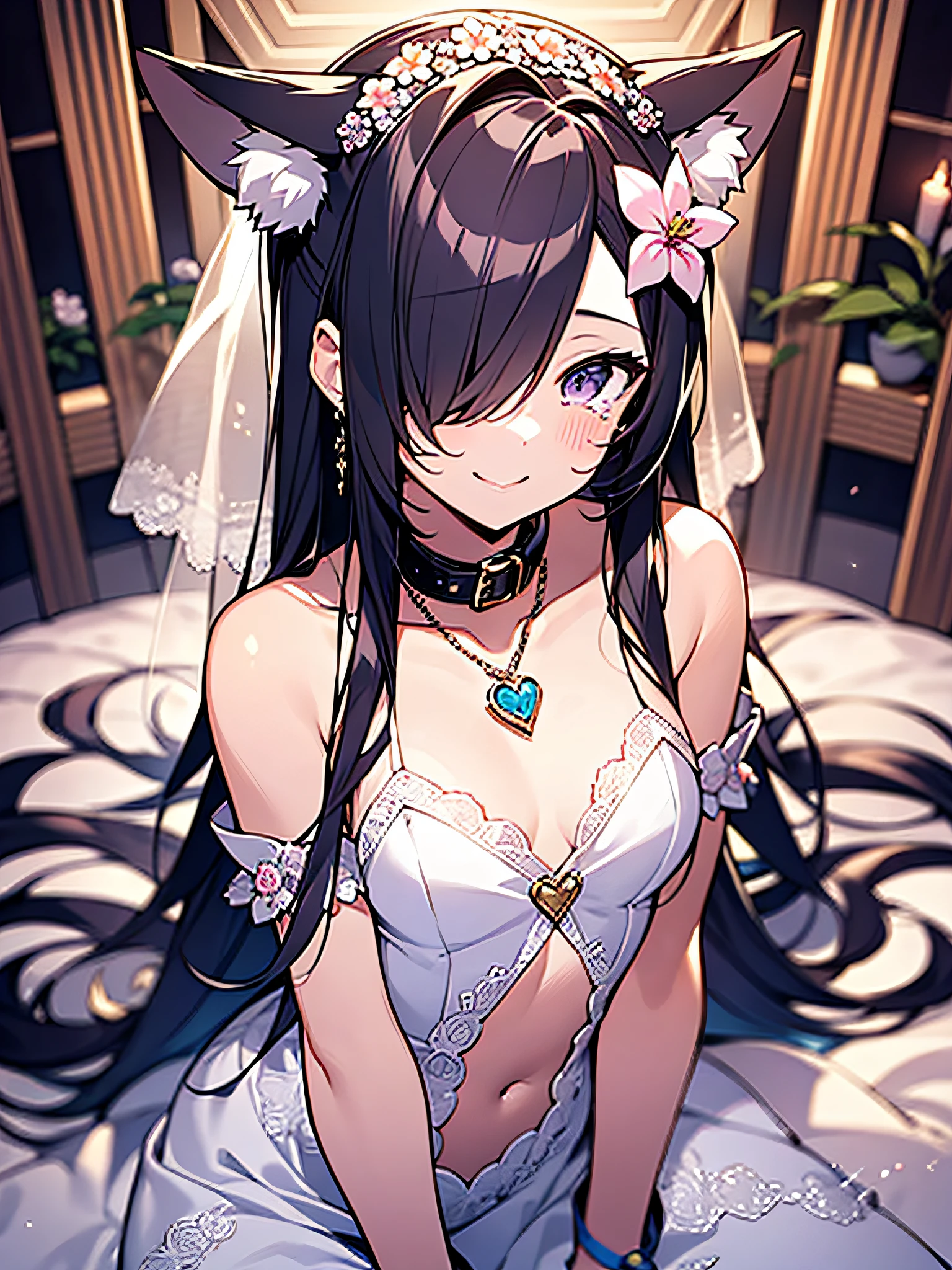 bride、A smile、Tears、The Veil of the Bride、POV,From  above,koi,Flower bouquet,wedding dress,wolf ornament,(happy efect),chies、, BREAK {{Eroge,Game CG,High quality game CG},{{{1girl in}}},{{masutepiece}}, {{{Best Quality}}}, {{Ultra-detailed}}, {{Illustration}},magical little girl,💓,heart mark_brooch,{masutepiece),wedding dress,blessing、Chained collar, Best Quality, Illustration, (1girl in), ,,tusk, Small breasts, small tits、flat chest、 Purple hair,Black eyes,bags_Under_Eyes,One navel、, Hair over one eye, jimiko, long hair, Big hair, {{Shaded face}},1girl in, {Shaded face}, Petite,1girl in, ,, darkness, dog ears,Dog tail、collars,dog ornament, dog tag, BREAK