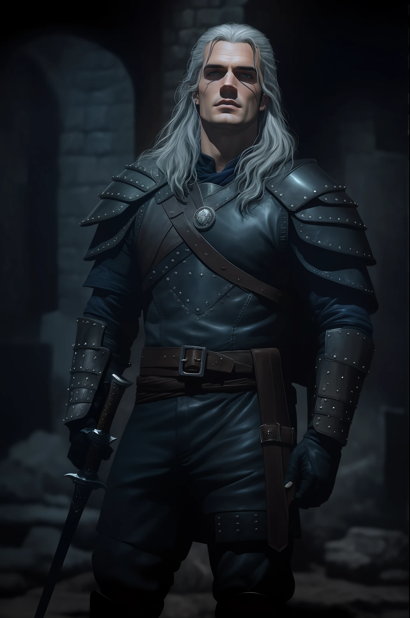 arafed man in armor with a sword standing in a dark room, henry cavill as geralt of rivia, from witcher (2021), the witcher, geralt, geralt of rivia, witcher, wearing studded leather armor, witcher)), henry cavill as arthas menethil, covered in full leather armor