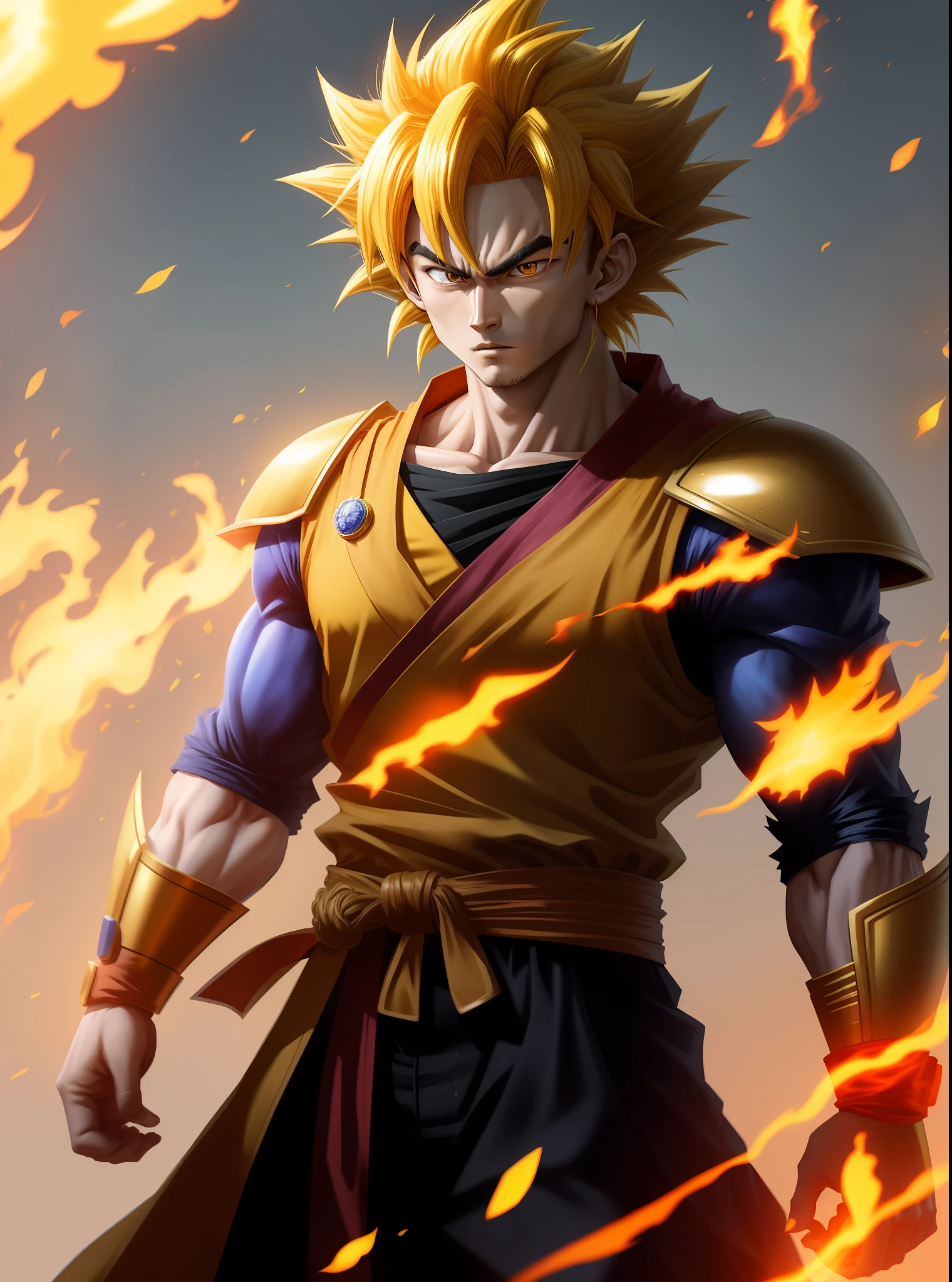 son goku,Lei Gongzui、The lonely side、Fire Eye Golden Eye、Yellow-haired blonde hoop、Covered in yellow hair、Two red shares,Dressed in gold armor and shiny,The head is shining with a golden crown