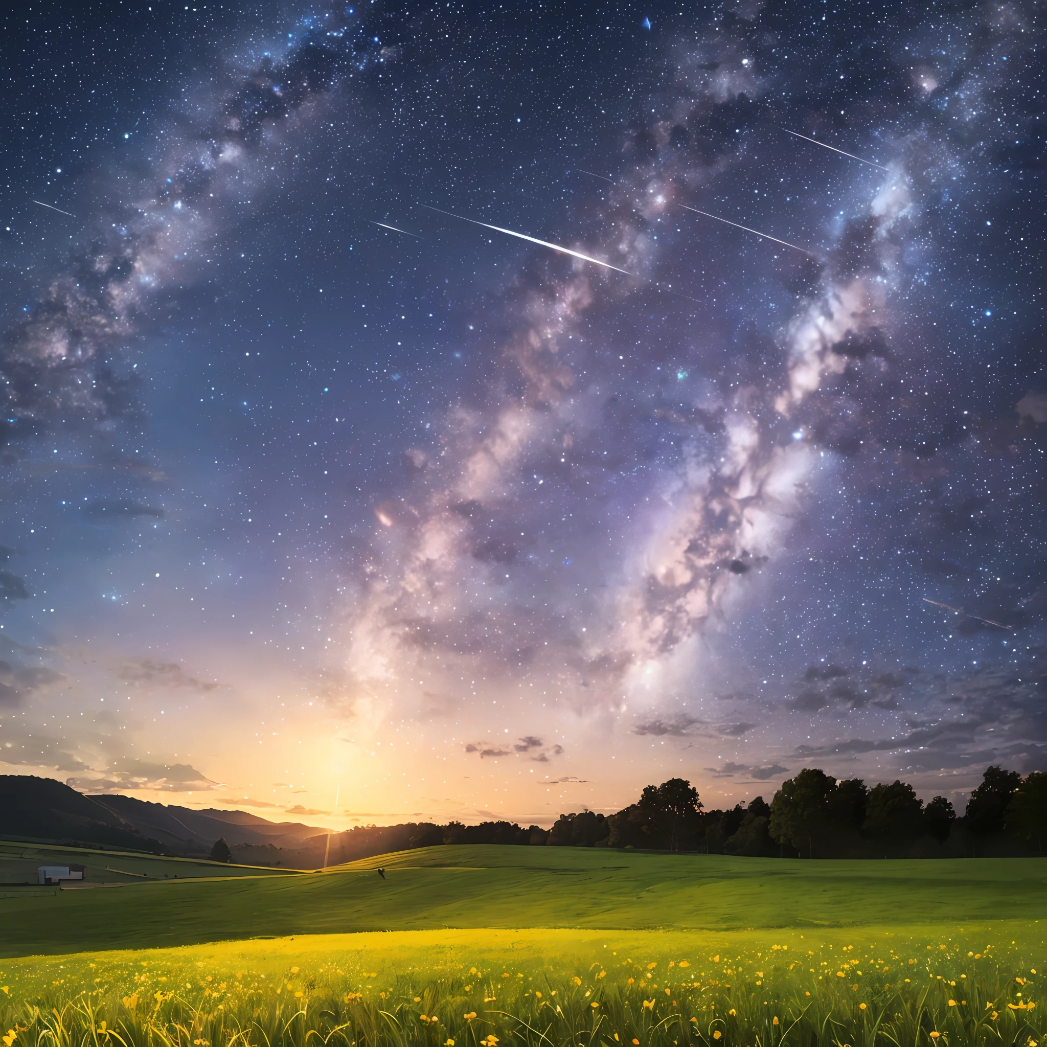 Glittering starry sky，grassy fields，rios