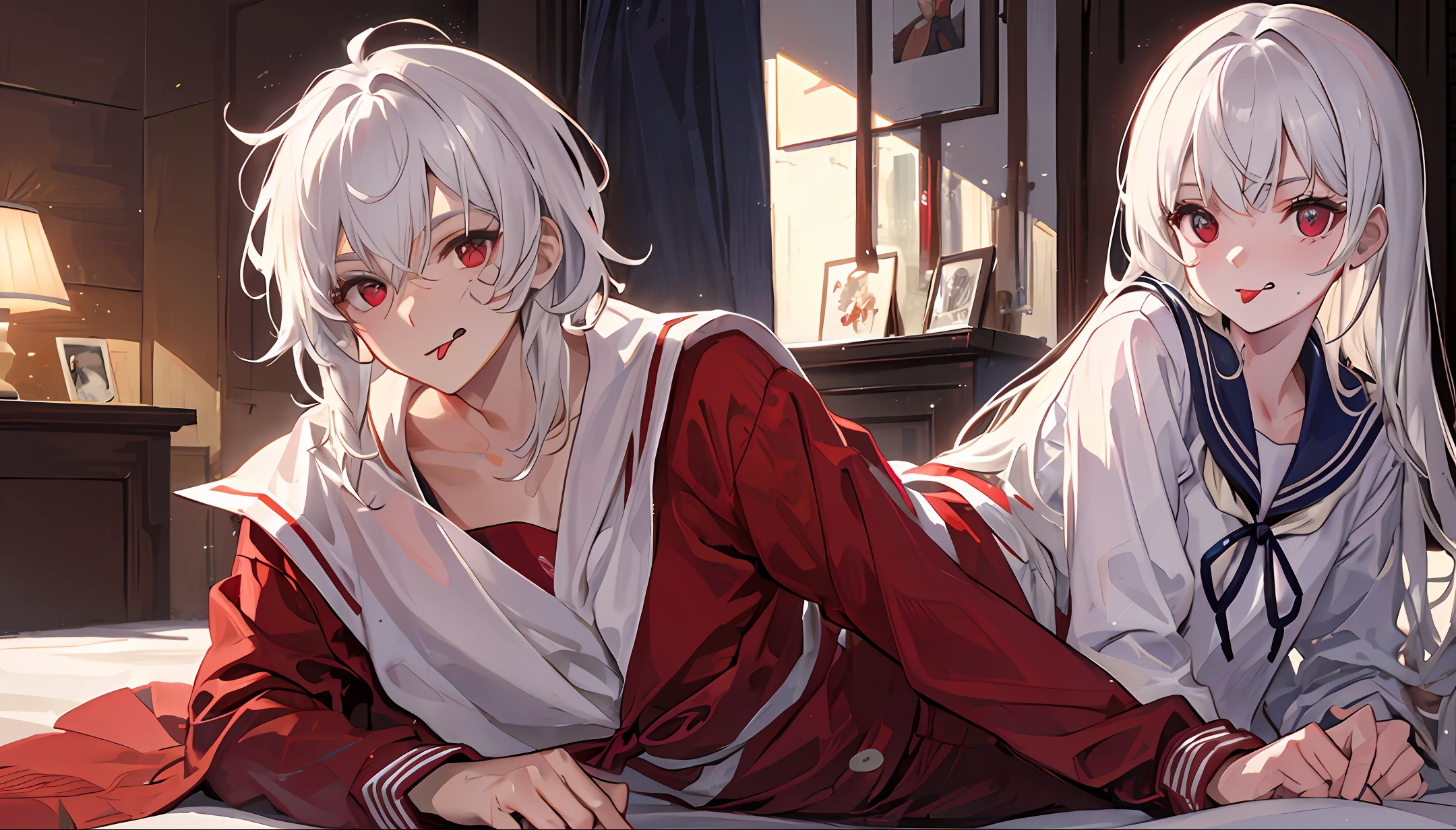 The white-haired sailor suit lay on the bed with a red face and stuck out his tongue