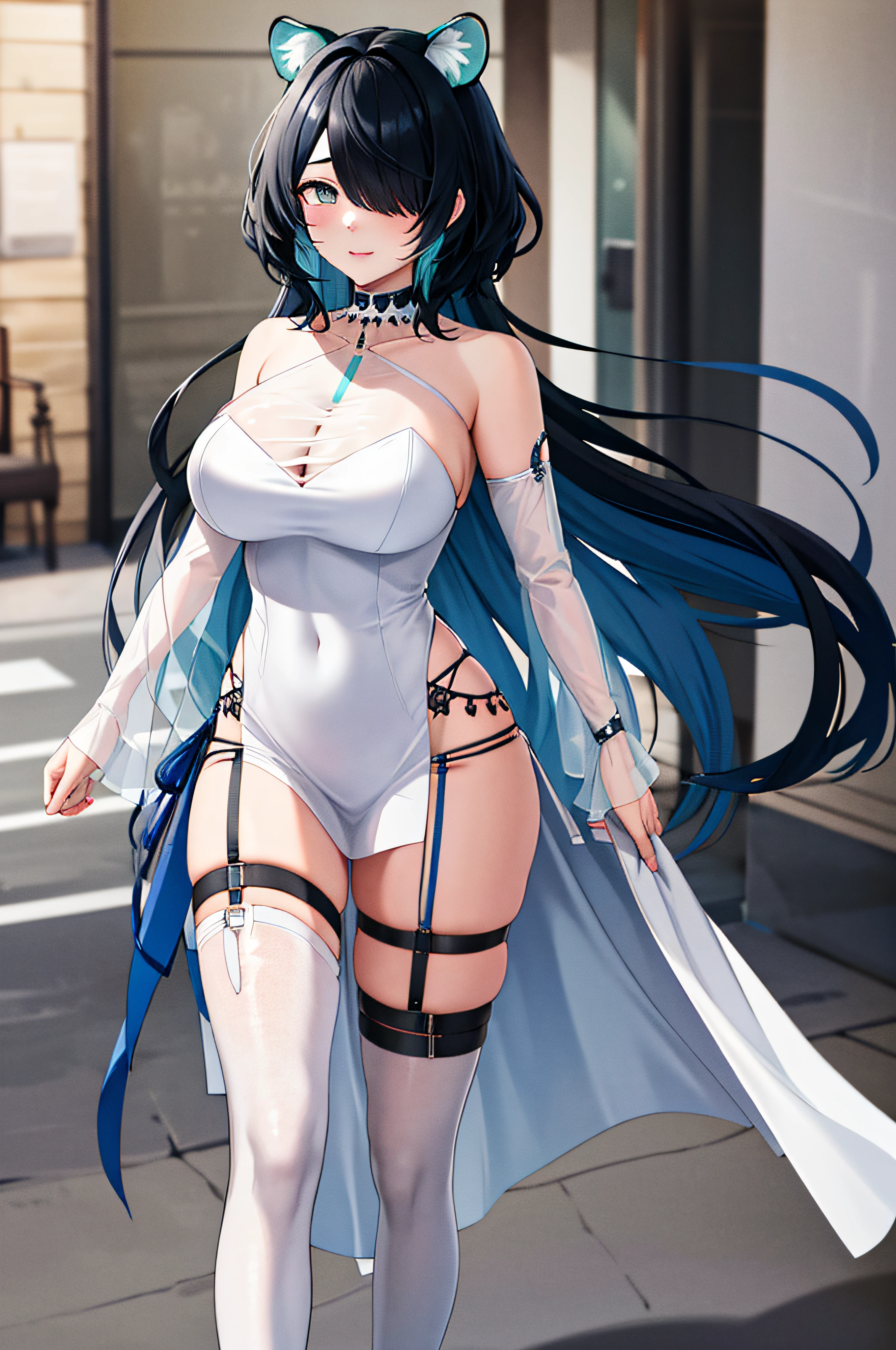 masterpiece, best quality, highres, makina1, 1girl, solo, hair over one eye, large breasts, black hair, blue eyes, white dress, animal ears, tiger tail, see-through dress, thigh strap, cleavage, blue hair, white thighhighs, bare shoulders, very long hair, bangs, multicolored hair, detached sleeves, tiger ears, colored inner hair, walking, street,