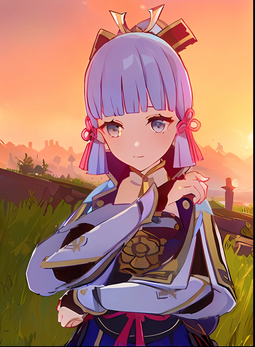 "tmasterpiece，highest-quality，wuxia风1girl，From game characters：Ayaka Kamisato，Pale blue hair，Finished with silver-toned trims，Show elegant movements，Standing above a wide valley。"