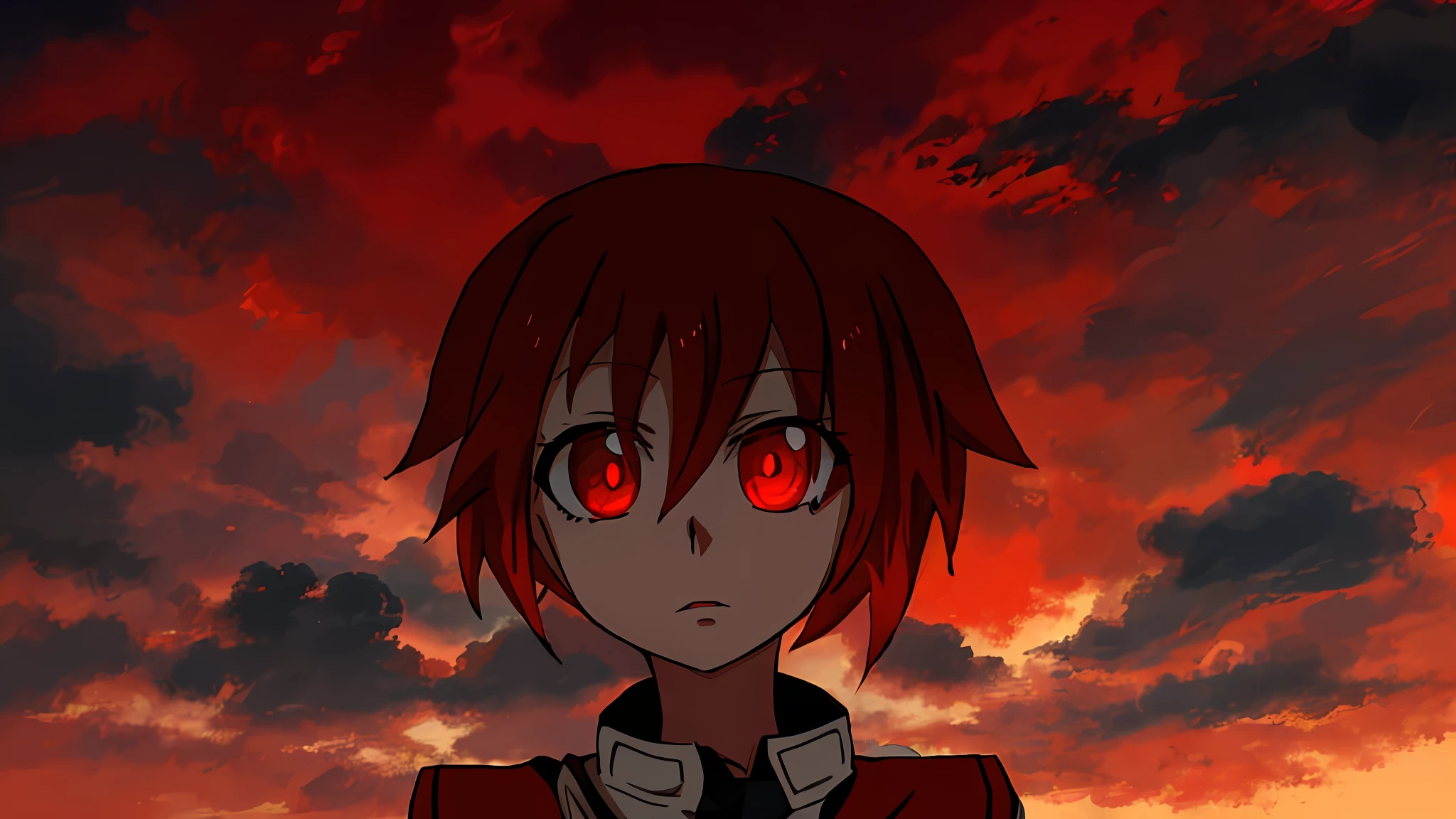 anime character with red hair and red eyes standing in front of a cloudy sky, ((Red)) baggy eyes, crimson red hair and red eyes, anime style character, fully red eyes no pupils, Anime Stylization, Epic anime style, In anime style, red hair, in an anime style, flat anime style shading, his eyes glowing red, Stylized anime