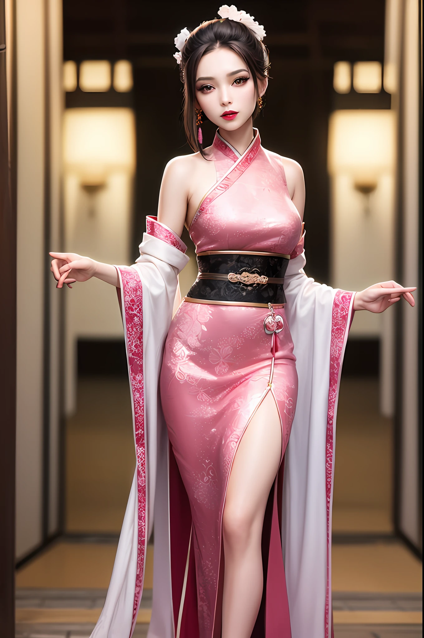 Best quality details, realistic,8K UHD, High definition, hyperdetailed, High quality detailed texture, High quality shadow, Detailed beautiful delicate face, Detailed beautiful delicate eyes, Depth of field, Ray tracing, perspective, 20's, only one person,
indoors,ancient china background, china patterns,
Pretty Kpop girl group,
head tilt, leg up, legs together, perfect body, lean body, medium breasts, thin waist, wide hips,
hair stick, hairpin, hair ornaments,
light smile, lovely face, slender face, fair white skin, glowing eyes, glossy lips, bags_under_eyes, pale pink lip, beautiful eyes, eyelashes, Thin lips, (noble girl), eyeshadow, makeup, eyeliner,
shawl, hagoromo, hanfu, detailed clothes,