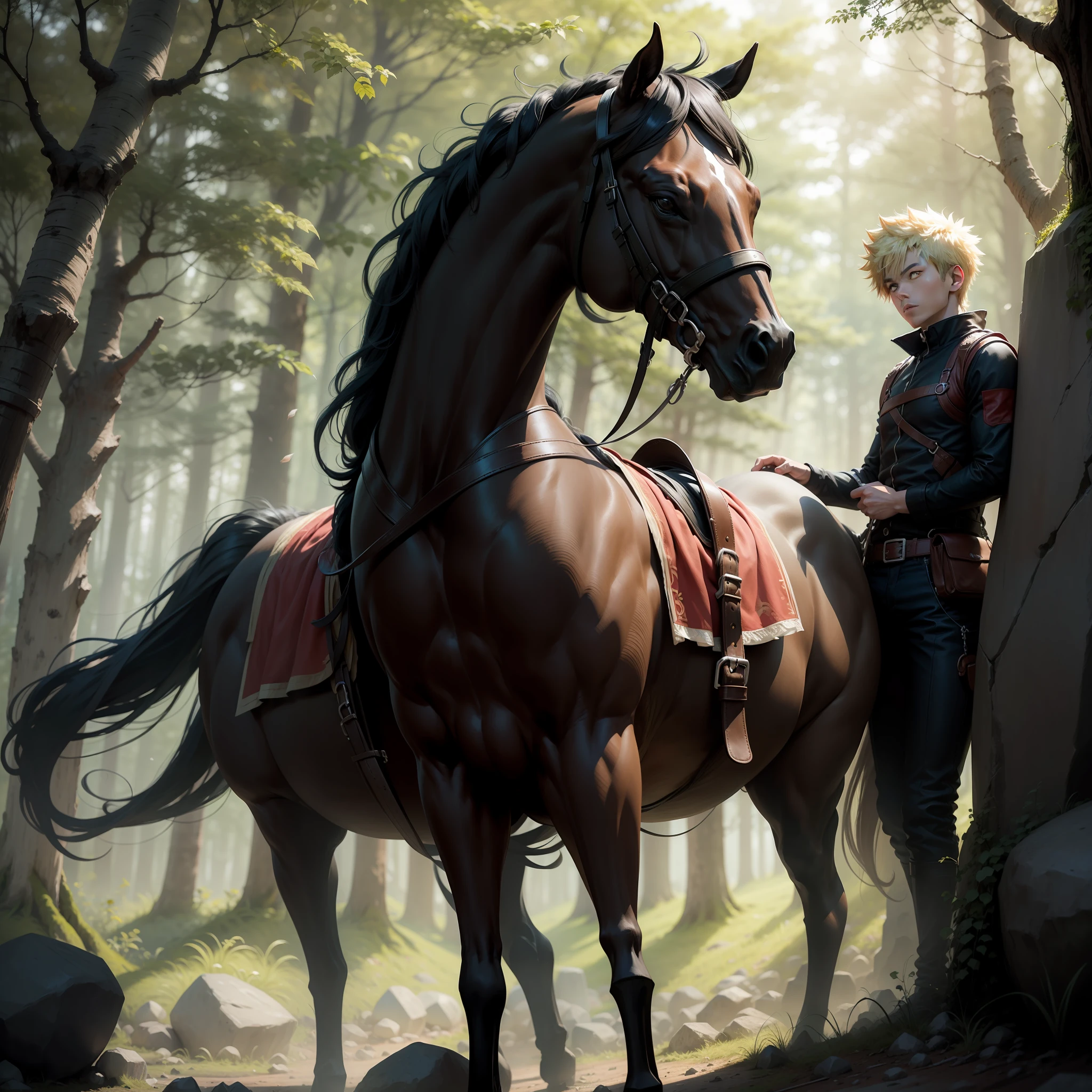 Katsuki Bakugo hidden behind the stone with a black horse in the forest.
