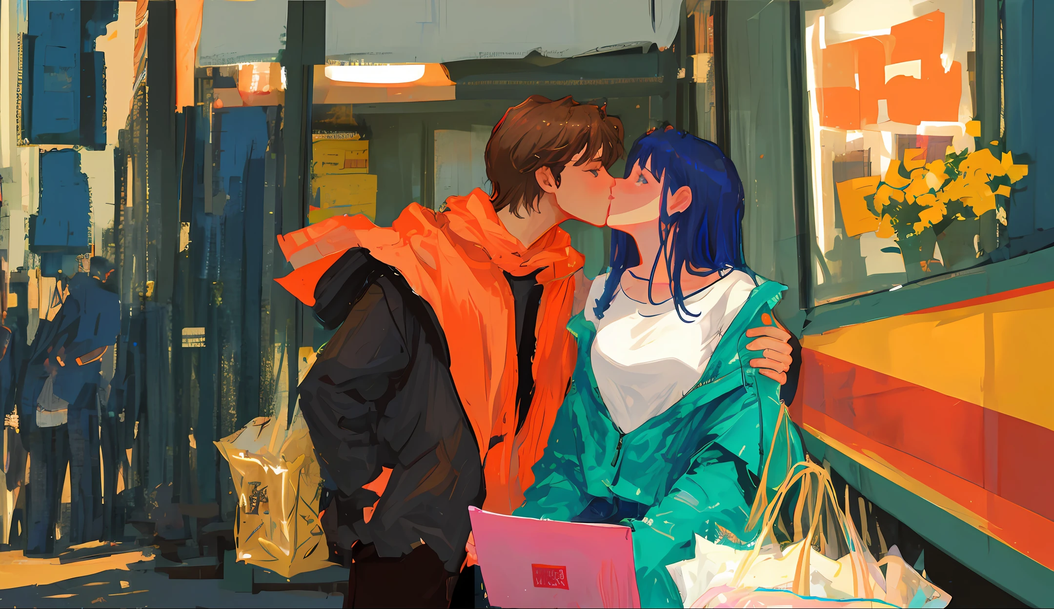 A beautiful woman and an ugly man kiss