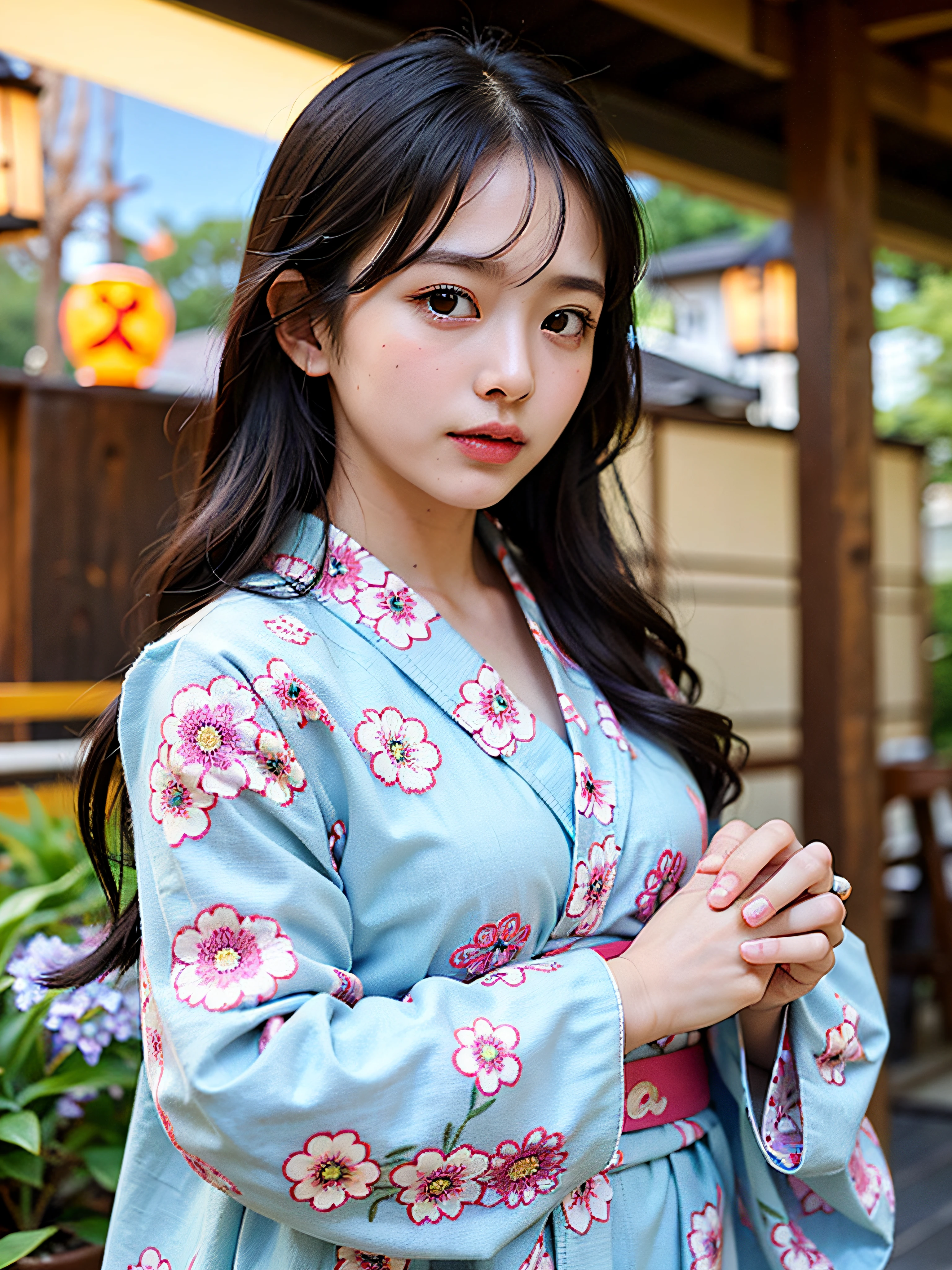 "(masutepiece, Best Quality:1.2),(beste-Qualit:1.2),(Master Master:1.2)、(masterpiece、Super Quality、hight resolution、8K、iintricate:1.2)、(details face:1.2)、White Skin Skin、二重まぶた、Detailed skin、((realisitic))、Good lighting quality、beautiful Girl,Dignified face,Sareme,front facing, Hands together,Gasso, (A dark-haired)".in a kimono、Kimono、Black kimono、Vivid pattern、Exclusive Japan garden、