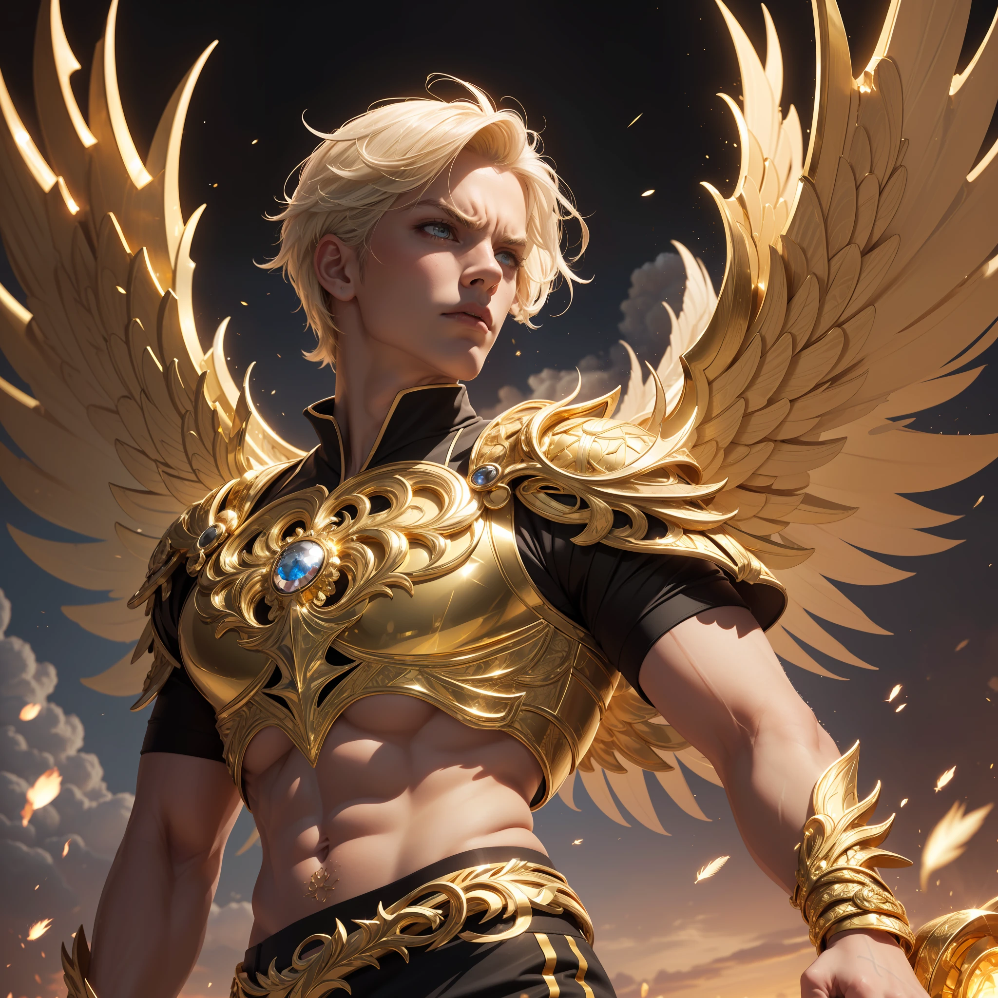 (absurdres, highres, ultra detailed), 1 man handsome, fit guy, broad shoulders, short golden hair, gold eyes, finely detailed eyes and detailed face, yellow light effects, (gold aura of power, entangle, zentangle, tangle), (modern clothing, white shirt, black pants:1.3), gold tattoos, eye reflection, extremely detailed CG unity 8k wallpaper, intricate details, portrait, looking at viewer, solo, detailed urban background, (white and gold wings on his back), angry determined expression, fighting stance, gold and amber detailing, cinematic lighting, drop shadow, diffraction spikes, particle effects, floating gold feathers) anatomically correct, super detail, best quality, textured skin, 16k, 1080P (clouds:1.3)
