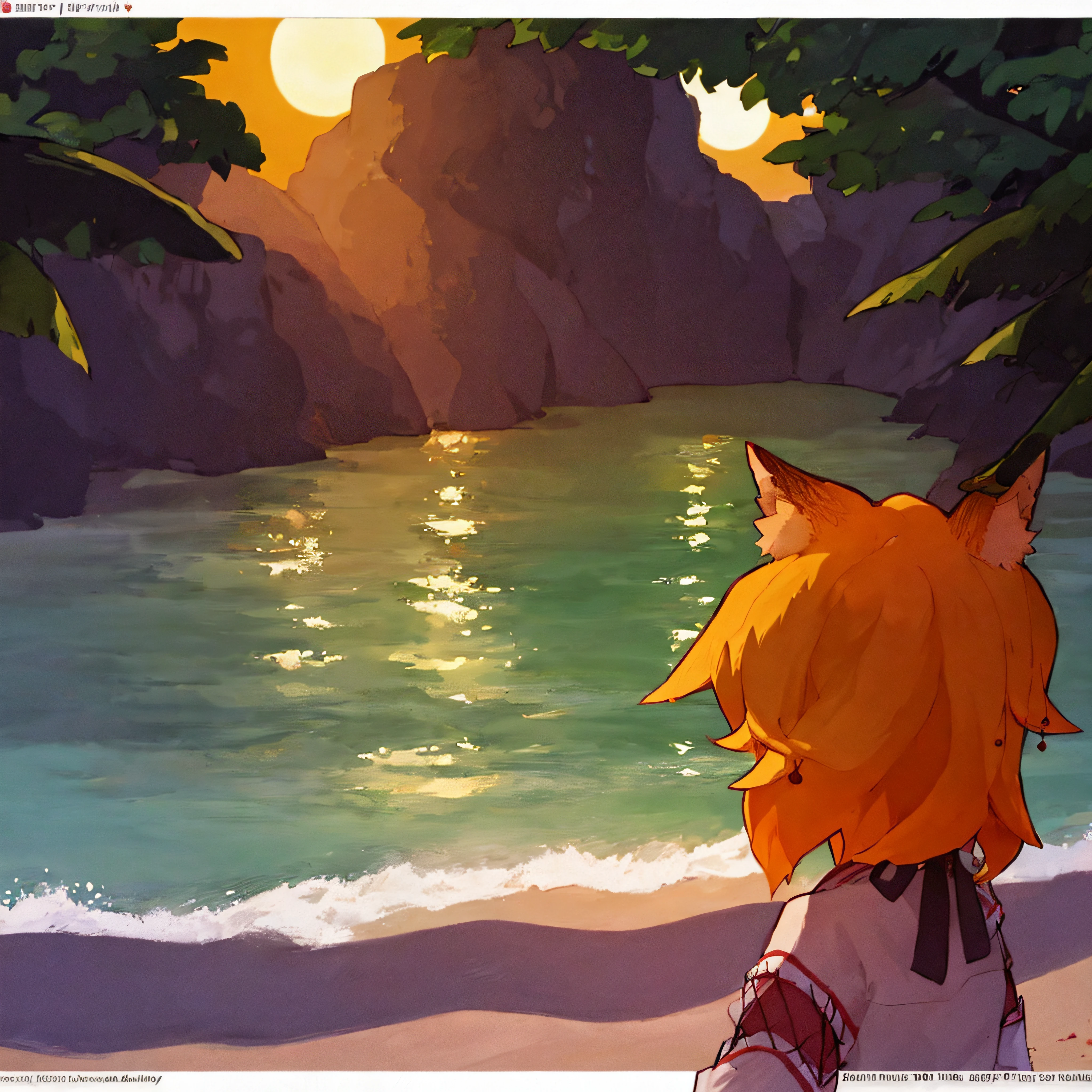 ultra-detailed, (detailed light:1.05), detailed background, detailed face, detailed eyes, sen, animal ears, fox ears, fox girl, fox tail, hair flower, hair ornament, orange eyes, orange hair, short hair, tail, flat chest, 1 girl, solo, kimono, miko, sun day, kneeling, sea far, summer, beach, stands on the sand, in a bathing suit, straw hat, sunset, sun over the sea, illustration, cinematic lighting, Futurism, backlighting, En plein air, anime style, Gothic art, Romanticism, Pixar, Futurism, backlighting, En plein air, anime style, Gothic art, Romanticism, Pixar, Futurism, backlighting, En plein air, anime style, Gothic art, Romanticism, Pixar, best quality, masterpiece, UHD