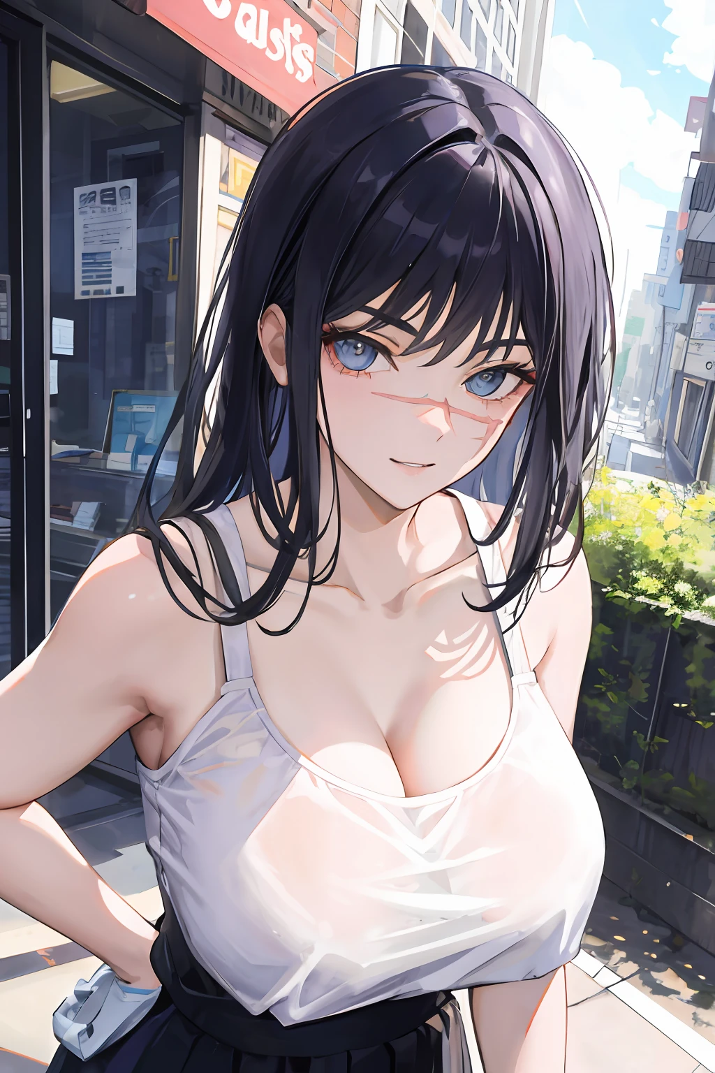 master work, best qulity, detailded, seulement, ultra highres, 1fille, paysage urbain, profondeur de champ, bas, seductive pose, rideaux de poitrine, Gants, Souriant, attentive, compatissant, interagir, amical, chaleureux, Cheveux courts, seins moyens, beaux yeux bruns, décolleté, gros seins, transpiration, rougissement, respiration lourde, Urban clothing, tanktop, bra, masque chirurgical, Medical gloves