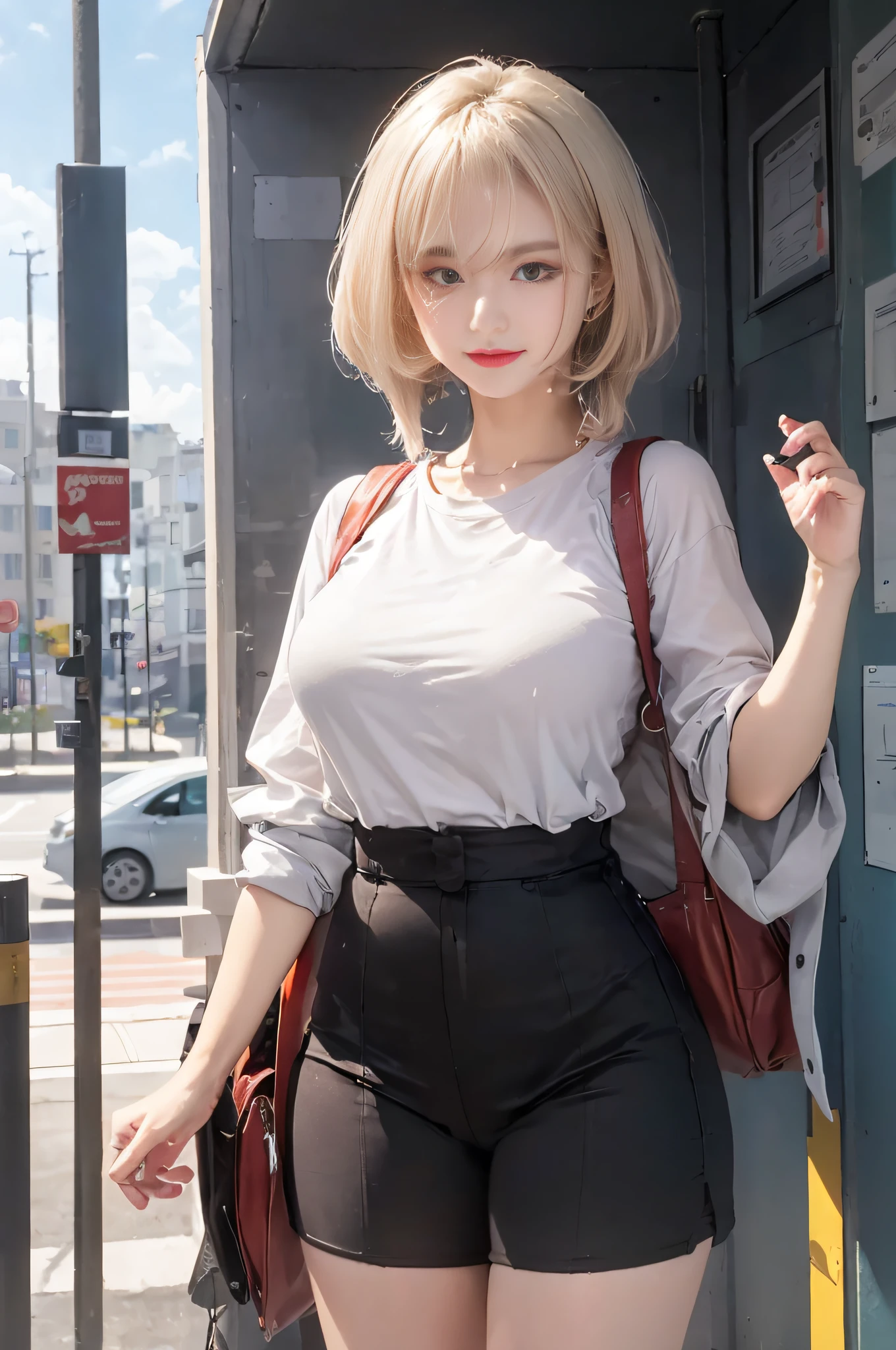 ((Midnight, Best quality, 8k, Masterpiece :1.3)), Whole body, Long legs, Sharp focus :1.2, A pretty woman with perfect figure :1.4, Slender abs :1.1, ((Dark brown hair, Big breasts :1.2)), (White tight tshirt, Jean bib, Standing:1.2), ((Night city view, Rooftop:1.3)), Highly detailed face and skin texture, Detailed eyes, Double eyelid