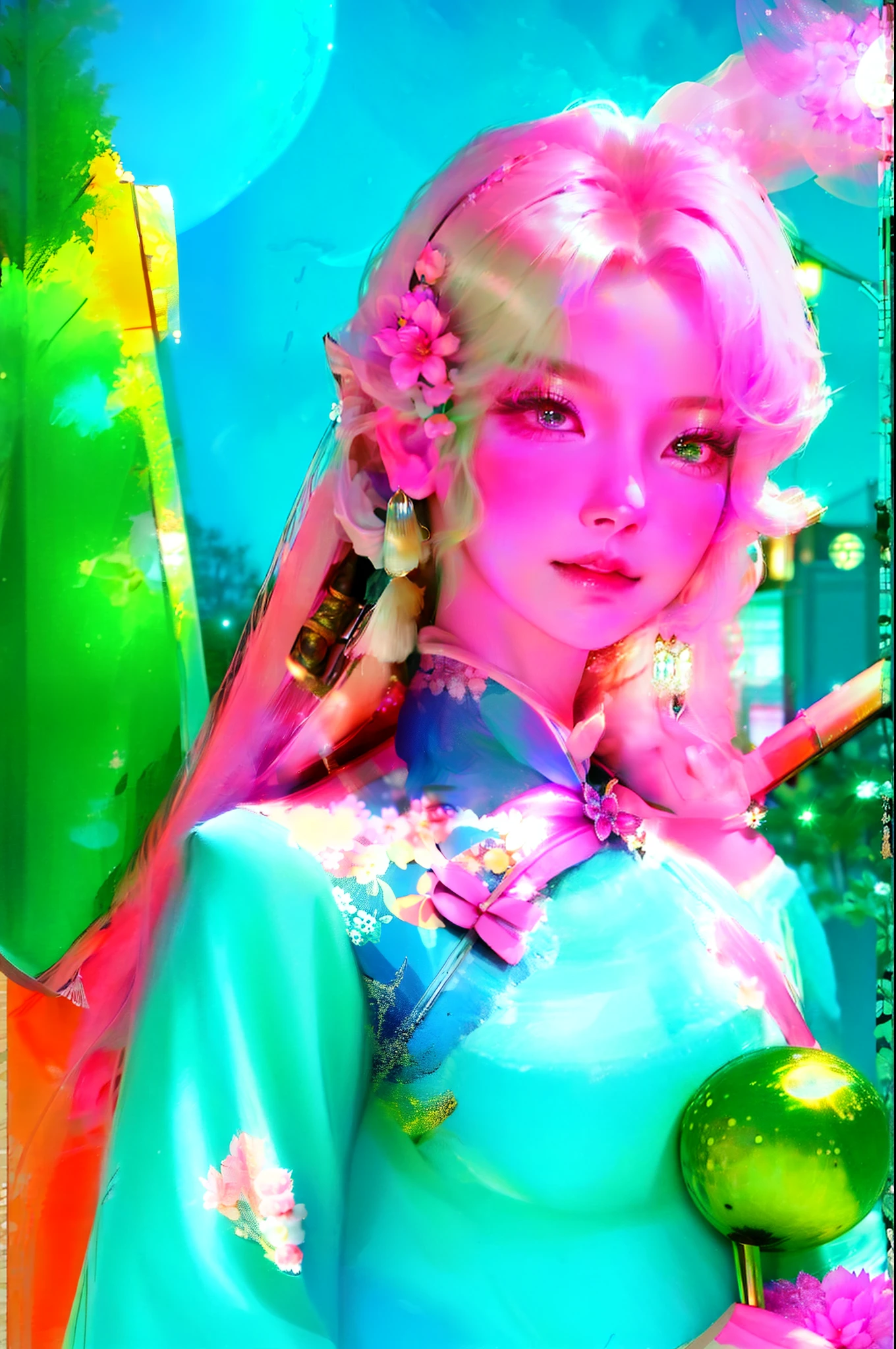 tmasterpiece、Need、Night scene、moon full、1female、23years old、China-style、Ancient China、Sister、pornography、face as it is、Silver white long haired woman、Pale pink lips、Steady、Big eyes and high nose bridge，Intellectual、Gray pupils,assassins,short knife,flower ball background,Stroll through the streetscape