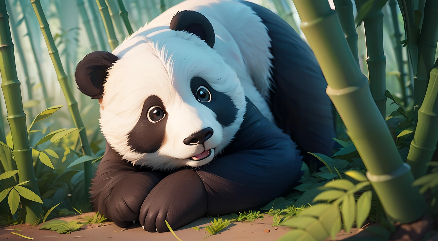 (((Best quality))), ((Ultra-detailed)),((Anthropomorphic illustration)),panda,Close-up,Futuristic animal,A cute panda lying in a pile of bamboo leaves,Traditional Chinese architecture,cold shades,in the style of makoto shinkai,in a realistichyper detailed render style --auto