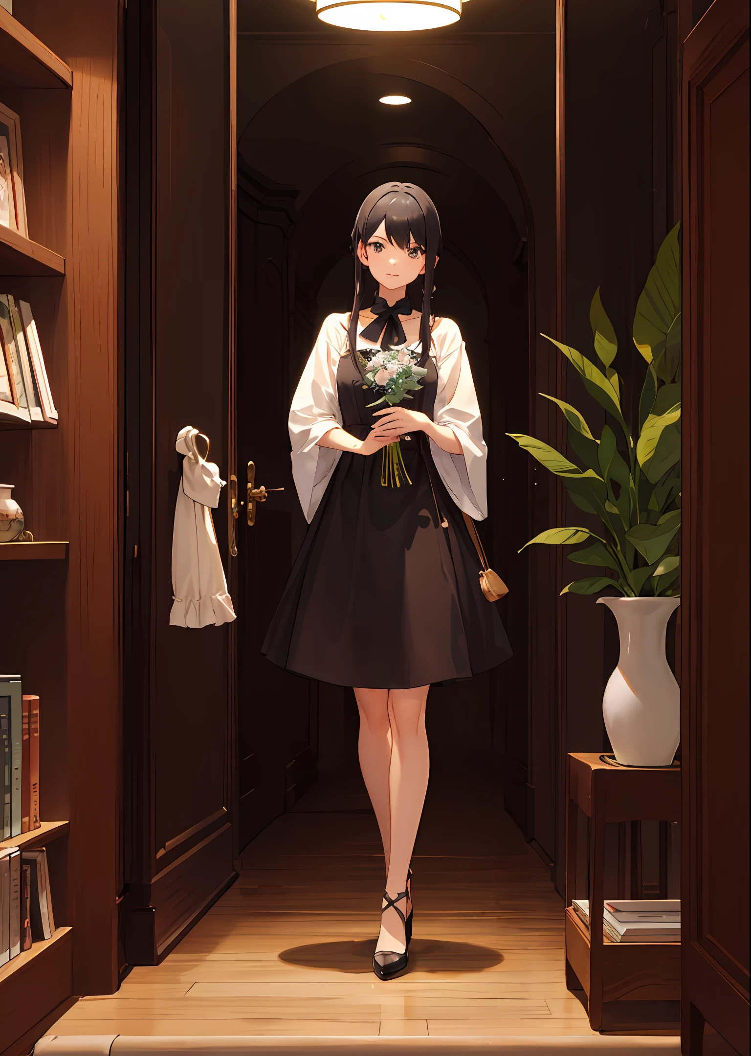 female pervert，Hold a half-height vase，