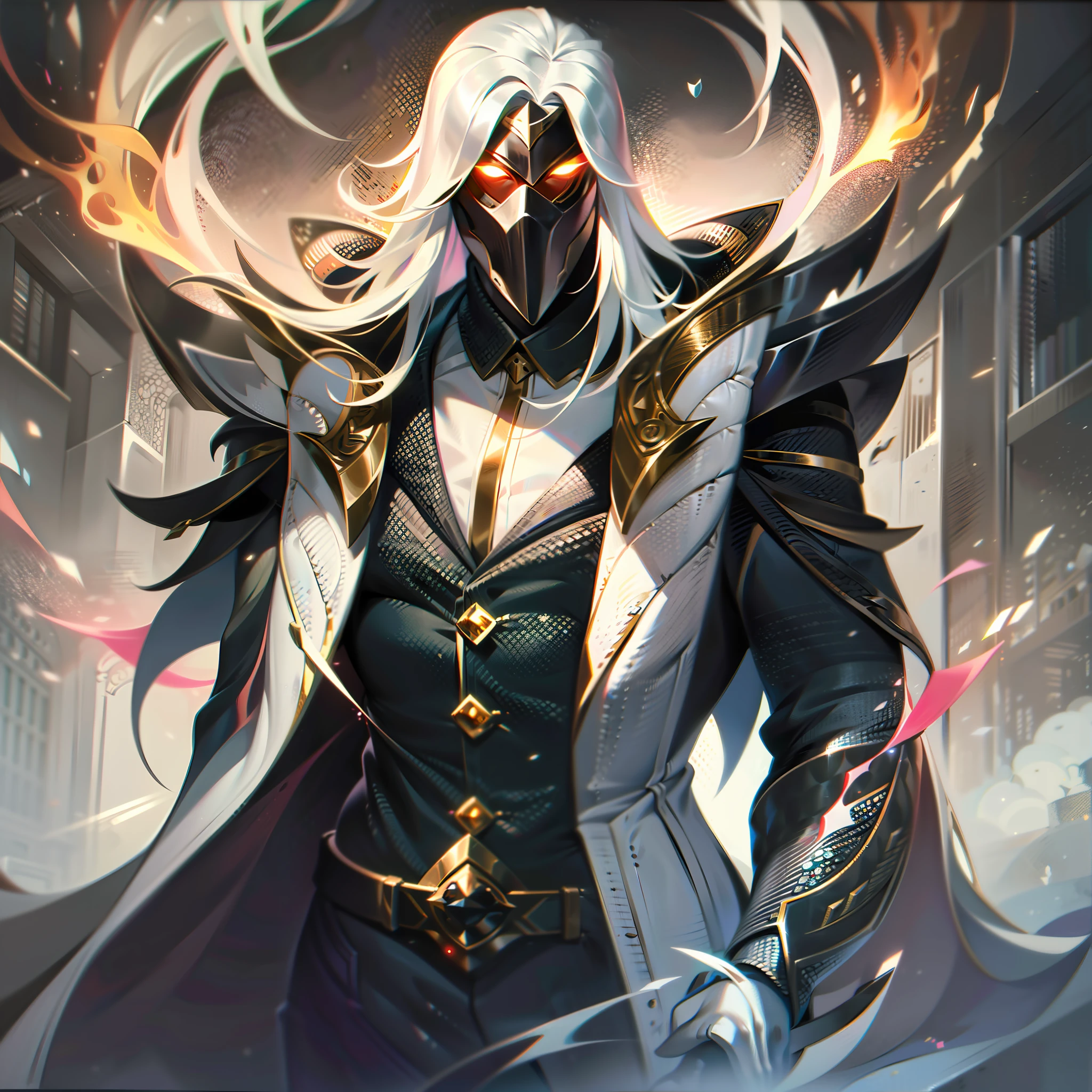 The character described is a tall, homem musculoso, with an imposing appearance. Ele tem olhos de cor carmesim, que emanam um brilho intenso e cativante. Their hair is long and completely white, adding an element of distinction to your look. He's wearing a black overcoat that covers most of his body, giving it an air of elegance and mystery. Por baixo do sobretudo, ele veste trajes finos e bem ajustados, which further underscore his athletic figure. Essas roupas, although they are not specified, convey the idea of sophistication and good taste. The man in question emanates a mysterious and haunting aura, implying that there is something intriguing and enigmatic about him. His presence is intense and imposing, able to hold the attention of the people around you. Behind him, revela-se um mundo em chamas. This image suggests that it has some connection to destruction and chaos, perhaps being a figure related to the catastrophic outcome or darkness. Para cobrir seu rosto, He wears a solid white mask, que esconde completamente sua identidade, leaving only his crimson eyes visible. This mask adds an enigmatic and sinister touch to your appearance, suggesting that he has secrets or hidden intentions. No geral, This character is portrayed as an enigmatic figure, poderosa e sombria, whose presence is marked by mystery, Grandeur and a sweeping world on fire.s,splashart, splashart, Splashart de League of Legends, arte, Pincelada, obra-prima, 8k, Ultra Detalhado, disco Rigido, O Urso dos Mil Flagelos