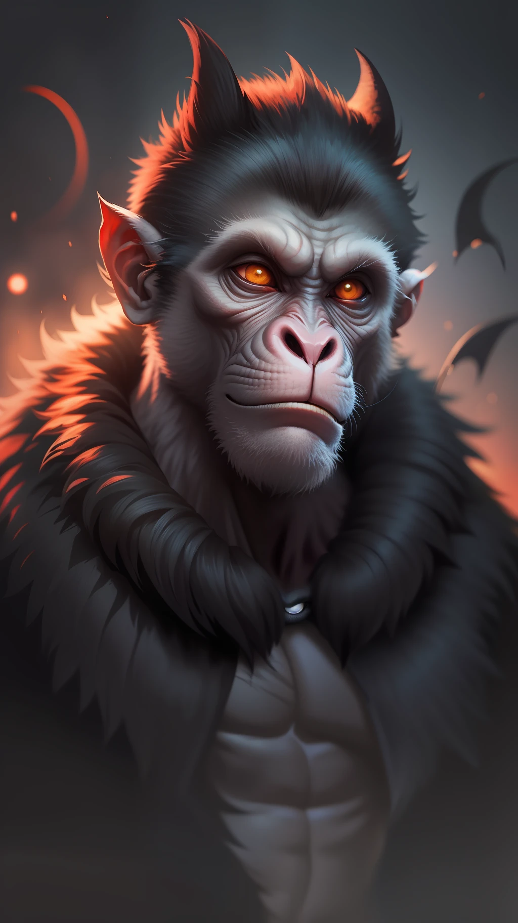 Devil monkey,dark night,dark background,high resolution, high quality,red