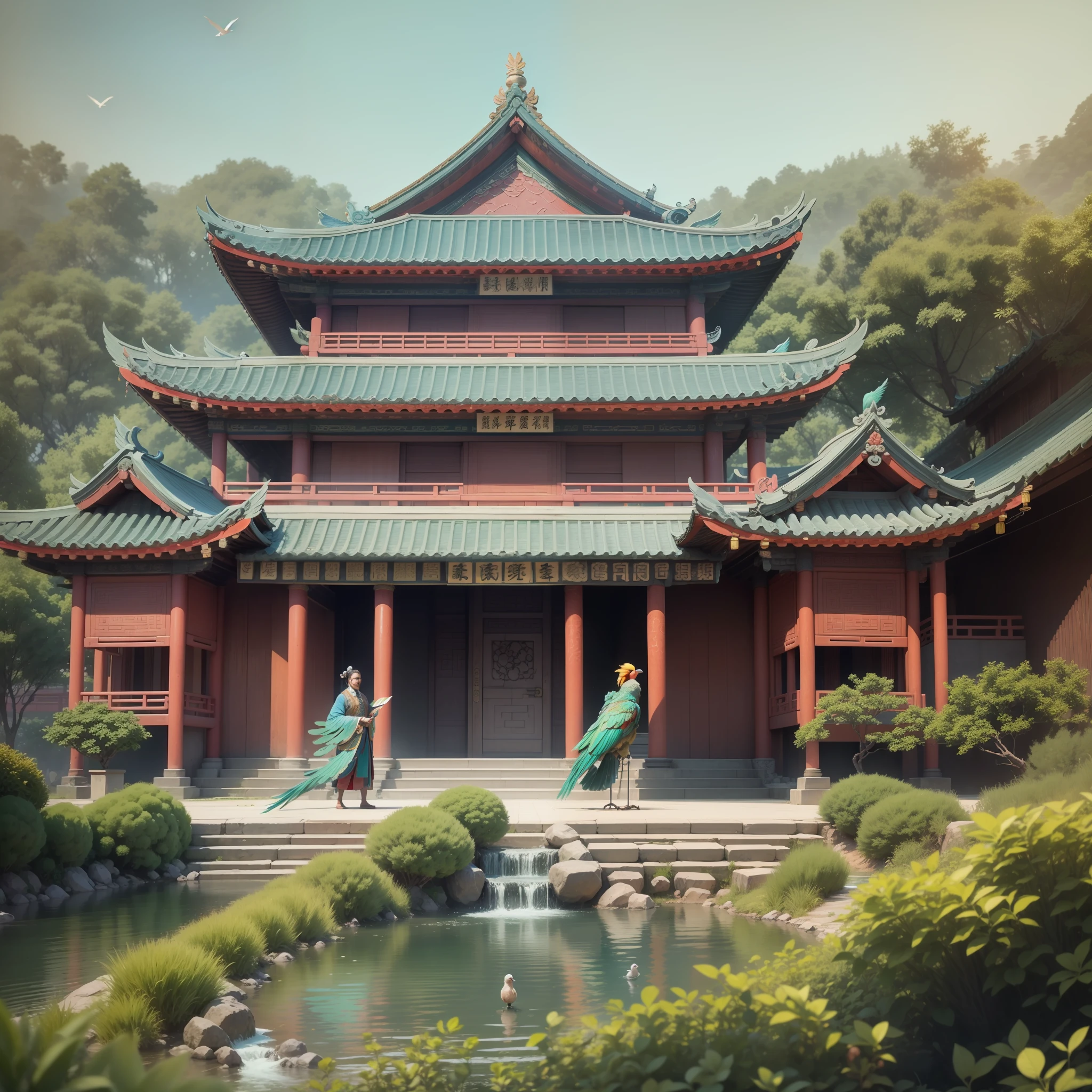 The ancient Chinese architecture is magnificent，The palace towers are magnificent，Rich in color，Smart, Gorgeous。Birds frolic in the forest，Flowing water，On the verdant earth，The beauty of three thousand myths appeared，The elements blend perfectly，An unforgettable visual feast，3D animated models --v6