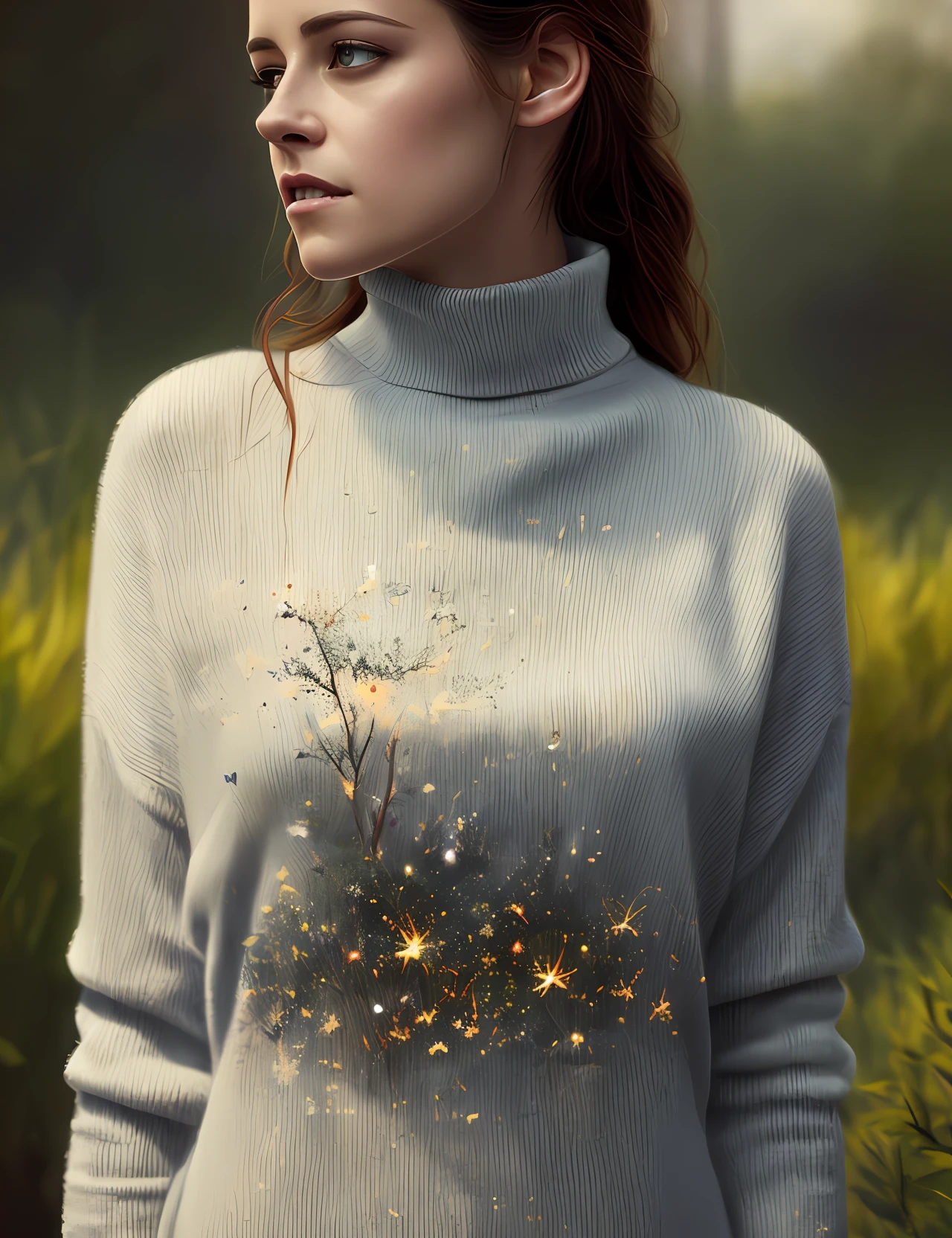 photo of extremely sexy (kr1st3nst:0.99), Kristen Stewart, a woman as a sexy movie star, (((closeup portrait:1.2))), modelshoot style, (extremely detailed CG unity 8k wallpaper), photo of the most beautiful artwork in the world, professional majestic oil painting by Ed Blinkey, Atey Ghailan, Studio Ghibli, by Jeremy Mann, Greg Manchess, Antonio Moro, trending on ArtStation, trending on CGSociety, Intricate, High Detail, Sharp focus, dramatic, photorealistic painting art by midjourney and greg rutkowski, (tight long turtleneck dress:1.2), ((in a lush garden)), (high fantasy), (looking at viewer:1.2), (detailed pupils:1.3), (magic sparks:1.1), (fireflies:1.1)