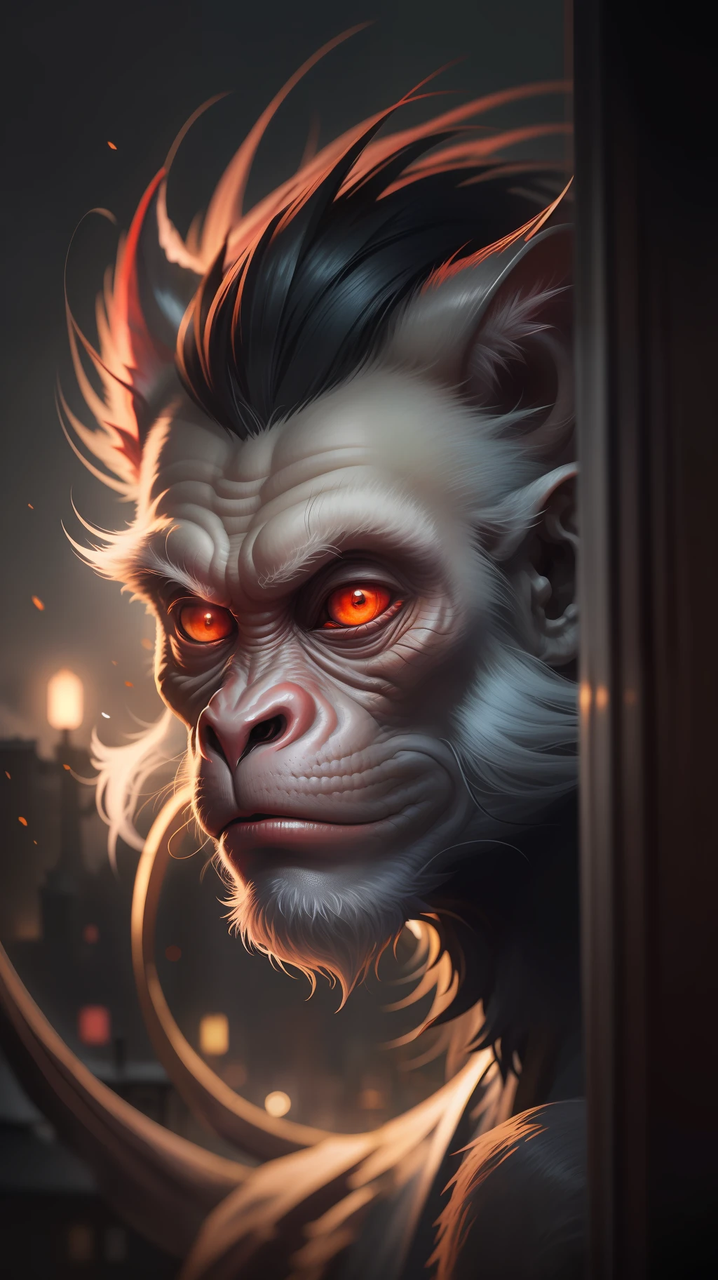 Devil monkey,dark night,dark background,high resolution, high quality,red
