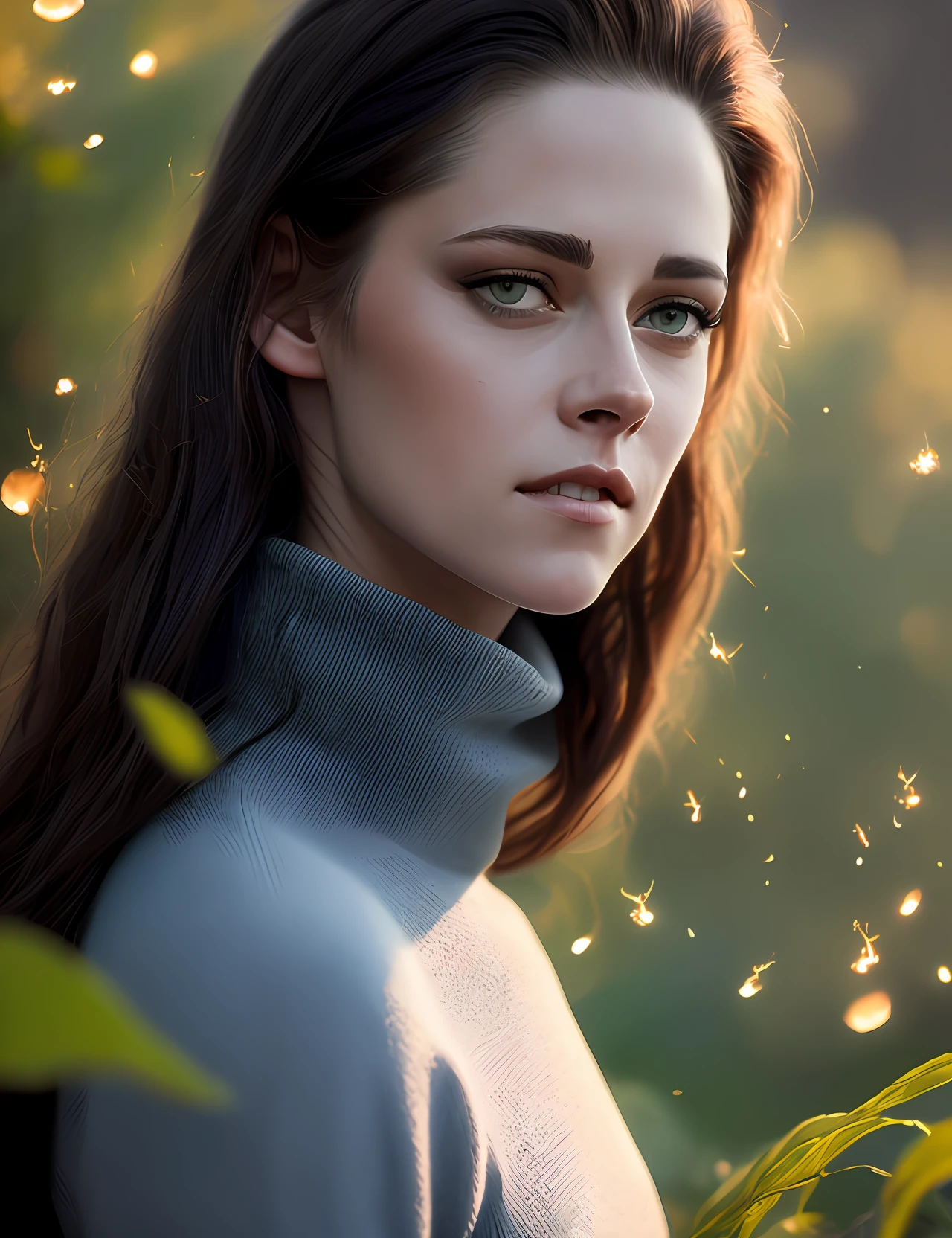 photo of extremely sexy (kr1st3nst:0.99), Kristen Stewart, a woman as a sexy movie star, (((closeup portrait:1.2))), modelshoot style, (extremely detailed CG unity 8k wallpaper), photo of the most beautiful artwork in the world, professional majestic oil painting by Ed Blinkey, Atey Ghailan, Studio Ghibli, by Jeremy Mann, Greg Manchess, Antonio Moro, trending on ArtStation, trending on CGSociety, Intricate, High Detail, Sharp focus, dramatic, photorealistic painting art by midjourney and greg rutkowski, (tight long turtleneck dress:1.2), ((in a lush garden)), (high fantasy), (looking at viewer:1.2), (detailed pupils:1.3), (magic sparks:1.1), (fireflies:1.1)