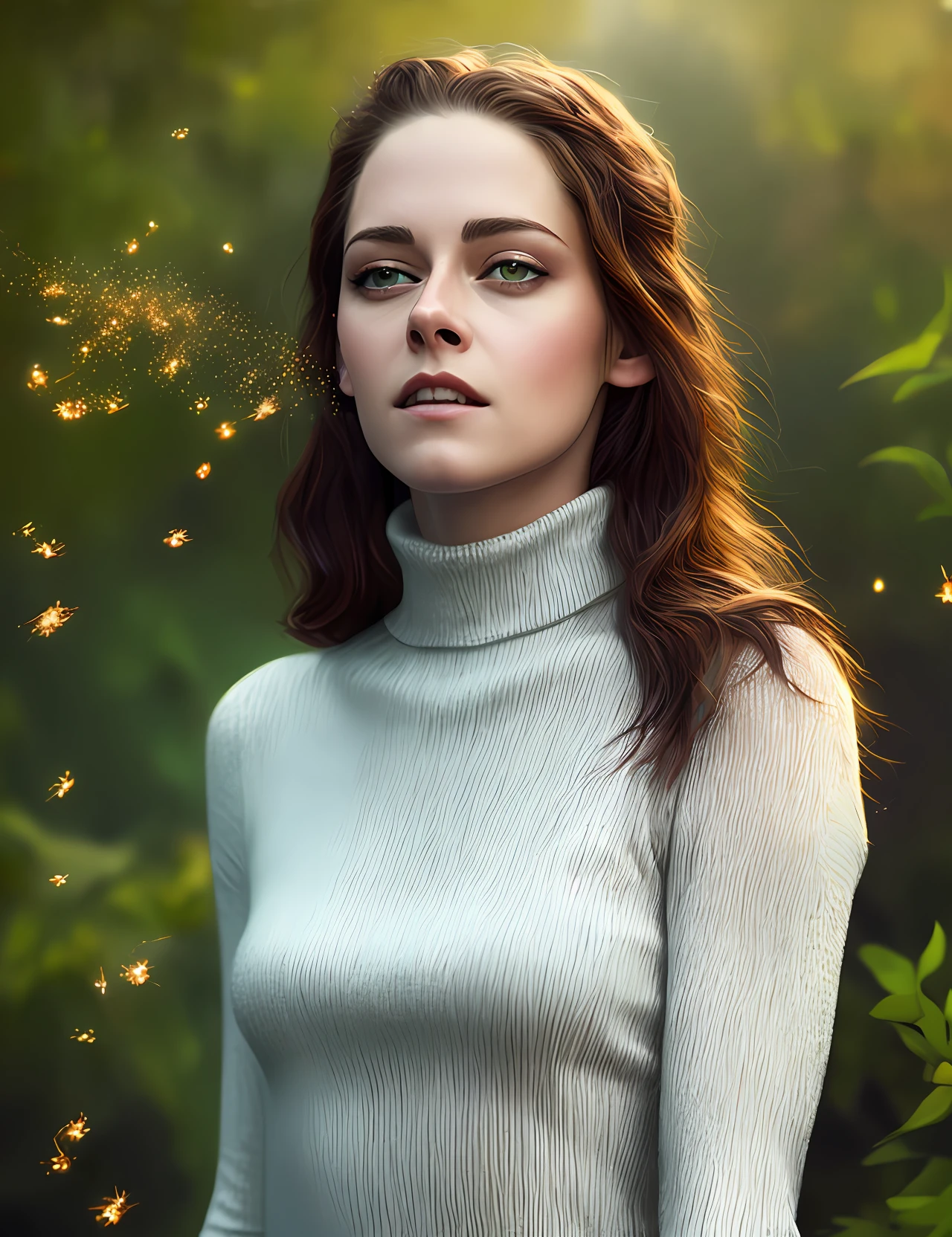 photo of extremely sexy (kr1st3nst:0.99), Kristen Stewart, a woman as a sexy movie star, (((closeup portrait:1.2))), modelshoot style, (extremely detailed CG unity 8k wallpaper), photo of the most beautiful artwork in the world, professional majestic oil painting by Ed Blinkey, Atey Ghailan, Studio Ghibli, by Jeremy Mann, Greg Manchess, Antonio Moro, trending on ArtStation, trending on CGSociety, Intricate, High Detail, Sharp focus, dramatic, photorealistic painting art by midjourney and greg rutkowski, (tight long turtleneck dress:1.2), ((in a lush garden)), (high fantasy), (looking at viewer:1.2), (detailed pupils:1.3), (magic sparks:1.1), (fireflies:1.1)
