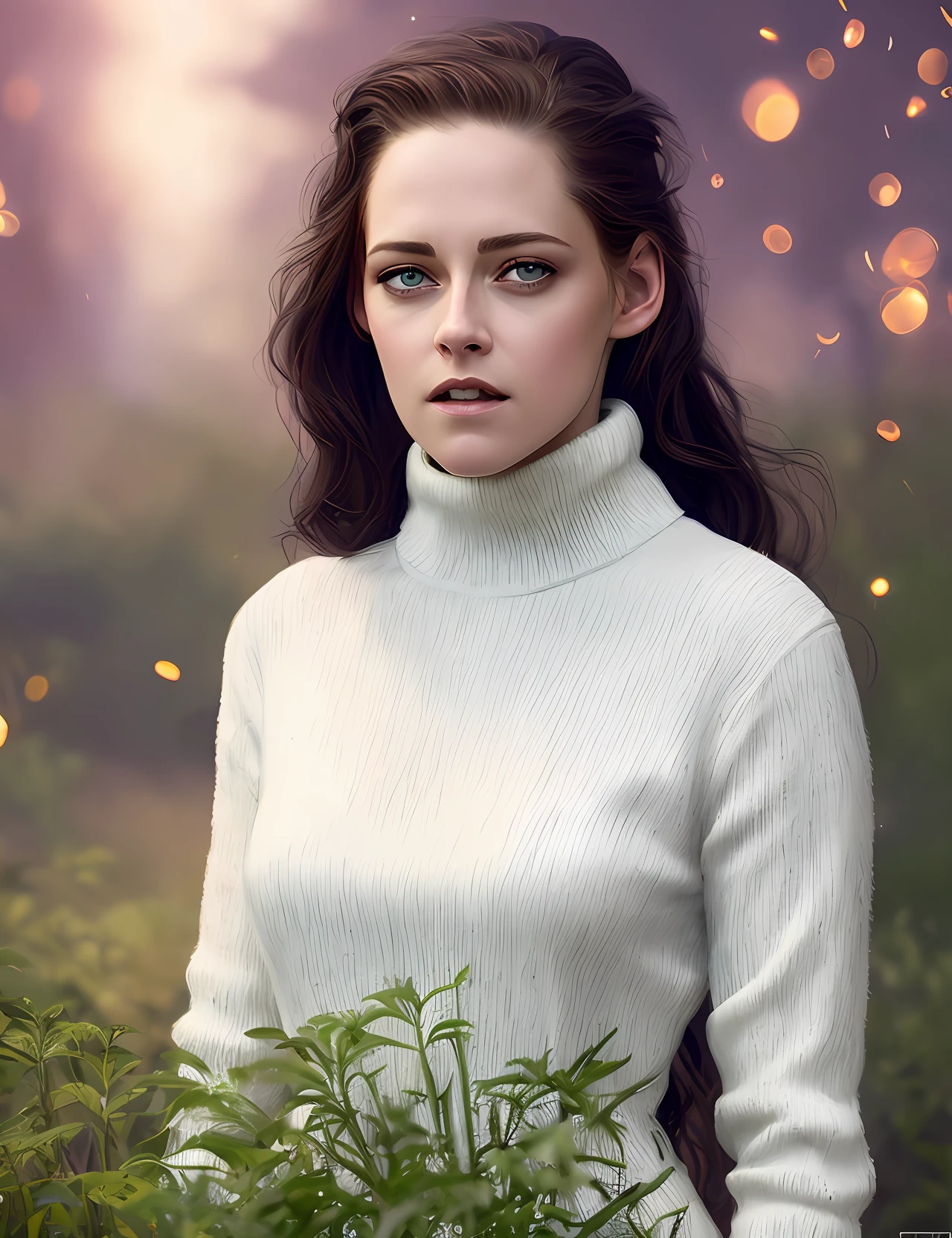 photo of extremely sexy (kr1st3nst:0.99), Kristen Stewart, a woman as a sexy movie star, (((closeup portrait:1.2))), modelshoot style, (extremely detailed CG unity 8k wallpaper), photo of the most beautiful artwork in the world, professional majestic oil painting by Ed Blinkey, Atey Ghailan, Studio Ghibli, by Jeremy Mann, Greg Manchess, Antonio Moro, trending on ArtStation, trending on CGSociety, Intricate, High Detail, Sharp focus, dramatic, photorealistic painting art by midjourney and greg rutkowski, (tight long turtleneck dress:1.2), ((in a lush garden)), (high fantasy), (looking at viewer:1.2), (detailed pupils:1.3), (magic sparks:1.1), (fireflies:1.1)