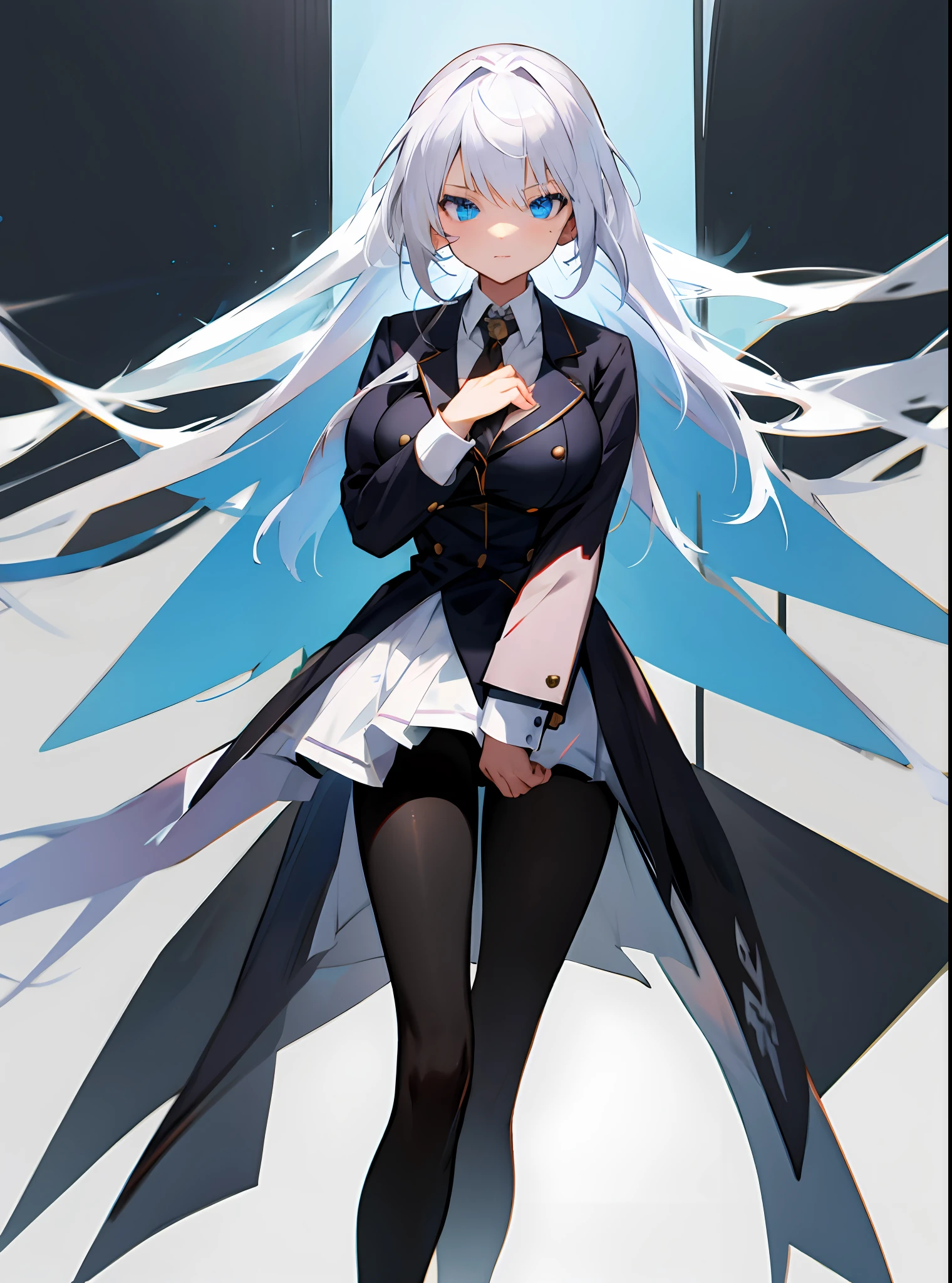 White hair，Black tights，schoolgirls，eBlue eyes，A high resolution，Long hair，One guy，Bigger breasts