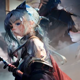 blue hairs,High ponytail,Eighteen maidens,Pointed chin,eBlue eyes,komono,Katana in hand,The knife has blood,Blood on the face,The painting style is gray