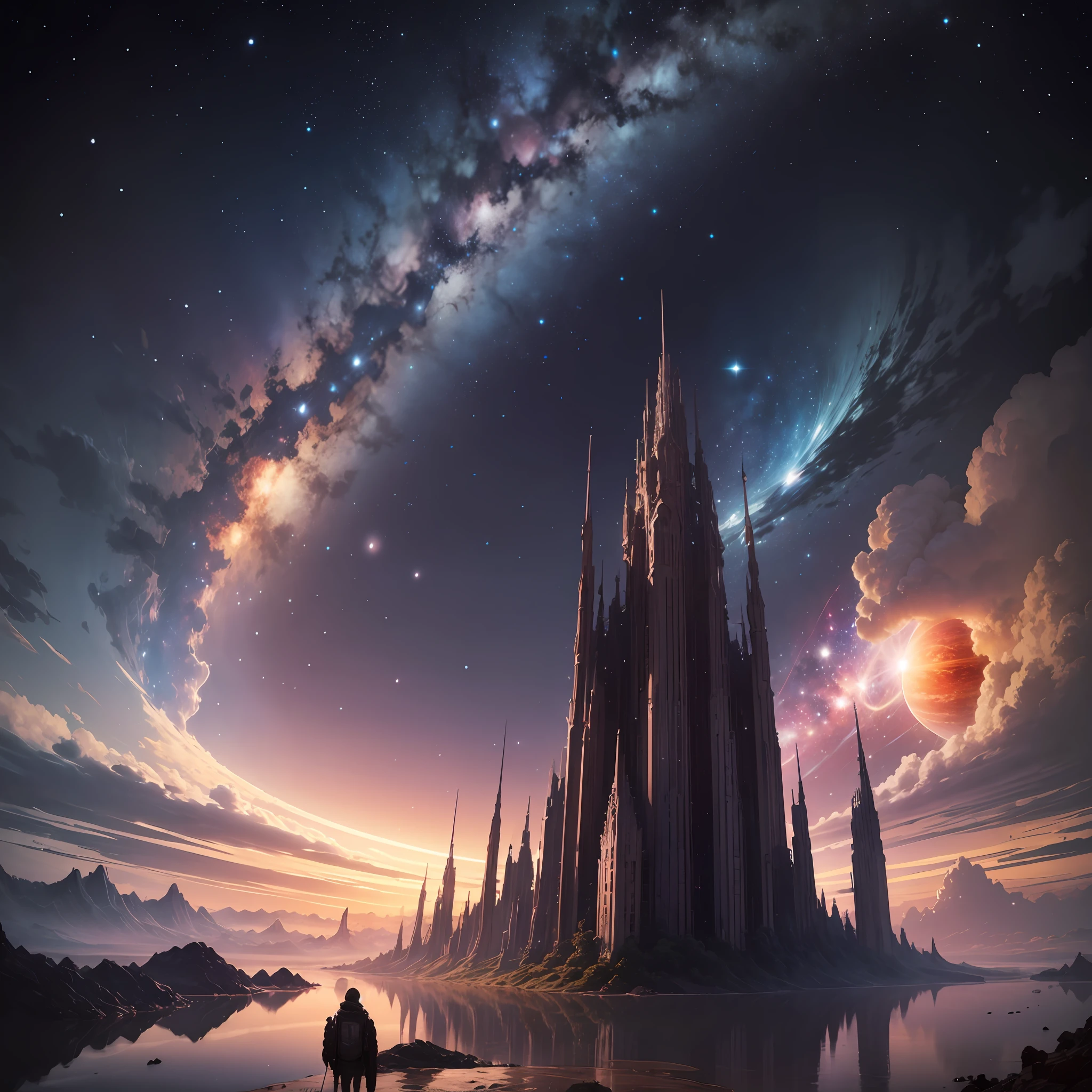 universes，stellar，Stand on the planet and see the huge planet，giant things，starrysky，