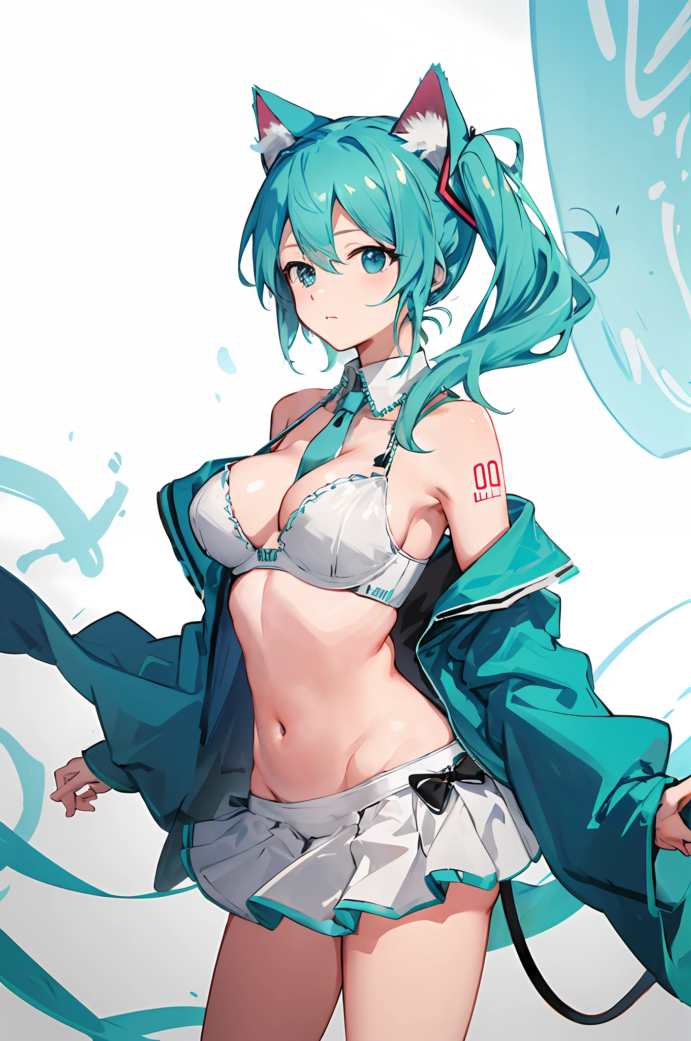 巨作, Best quality, Big breasts Hatsune Miku, Cat ears, breast upturned buttocks, navel, White panties, 8K flap skirt, shy, long hair, double ponytail