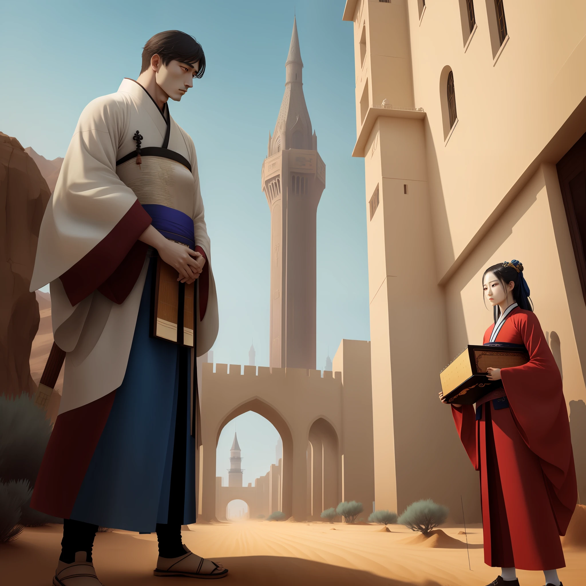 A desert,Tower,zither,Temperamental beauty,Hanfu,affectionate,blue-sky