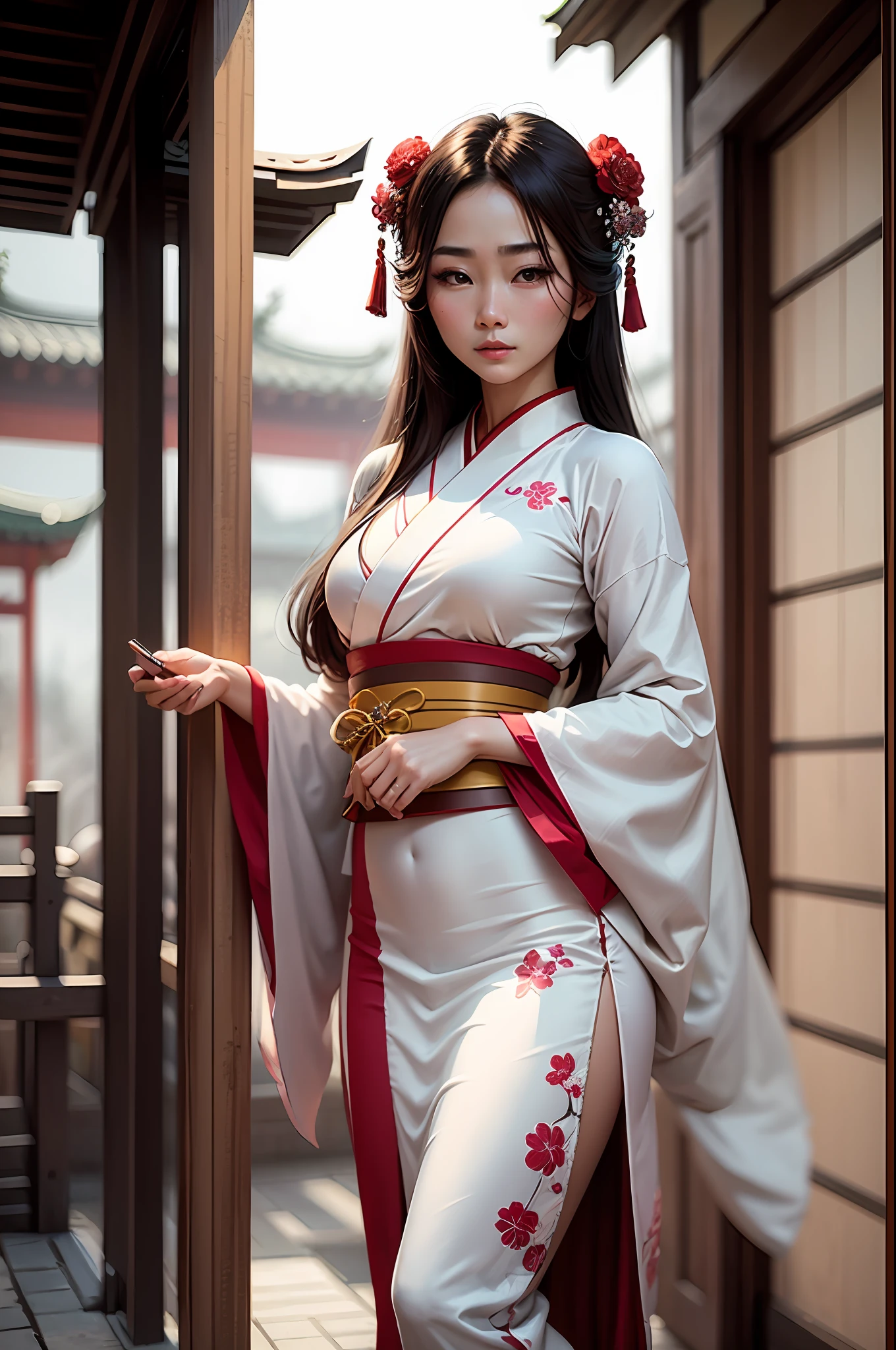 a close up of a woman in a white dress and red kimono, Japanese goddess, Japanese model, gorgeous chinese models, komono, Chinese girl, Beautiful Asian Girls, Traditional beauty, White Hanfu, Anime girl cosplay, beautiful Korean women, in a kimono, yoko matsugane as mai shiranui, Beautiful asian woman, Chinese dress --auto