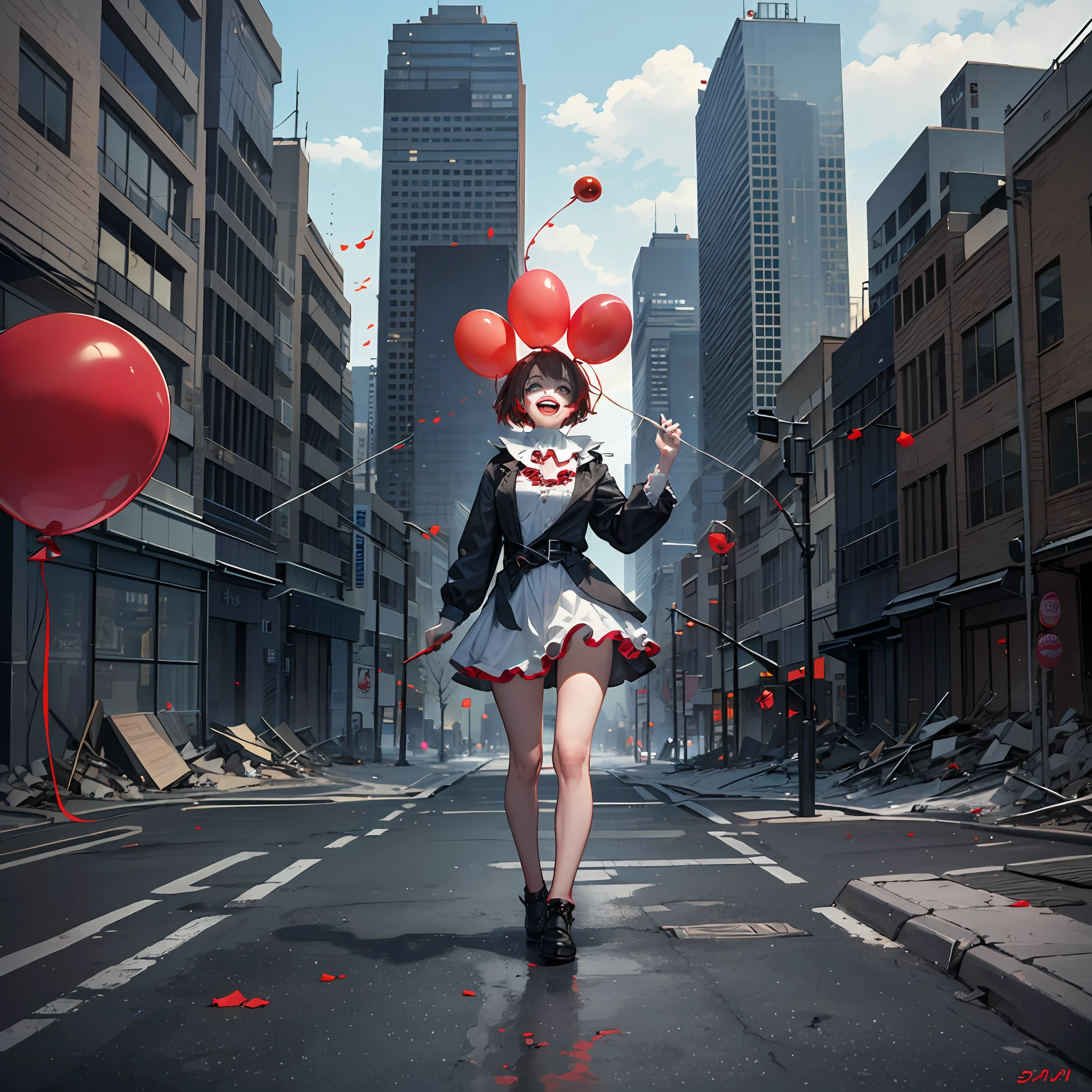 a laughing::1.4 Pennywise clown with a red balloon::dystopian post-apocalyptic background with destroyed buildings::IT movie still::photorealism --auto --s2