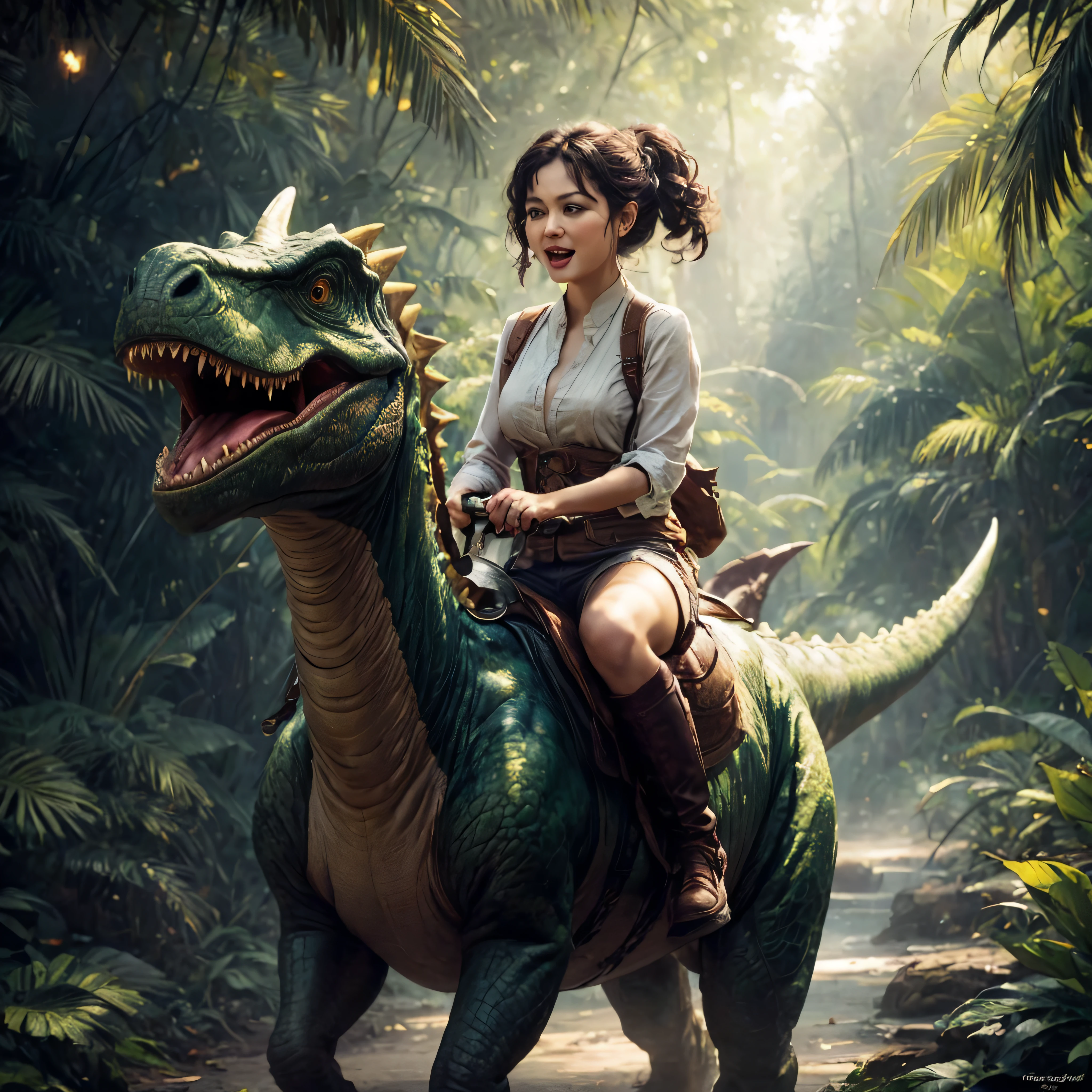 erjiehappy to riding a dinosaur \((masterpiece, best quality:1.2), Yellow and green jungle dinosaur tricerasauruss(realistic:1.5)\), best quality, masterpiece,8k,highest texture,highres,soft light,perfect shadow,
evenly mix females and males of all ages and races in same proportions, all faces and pictures must be different, use all spectre of your different emotions from happiness to anger, do what you want and how you want,