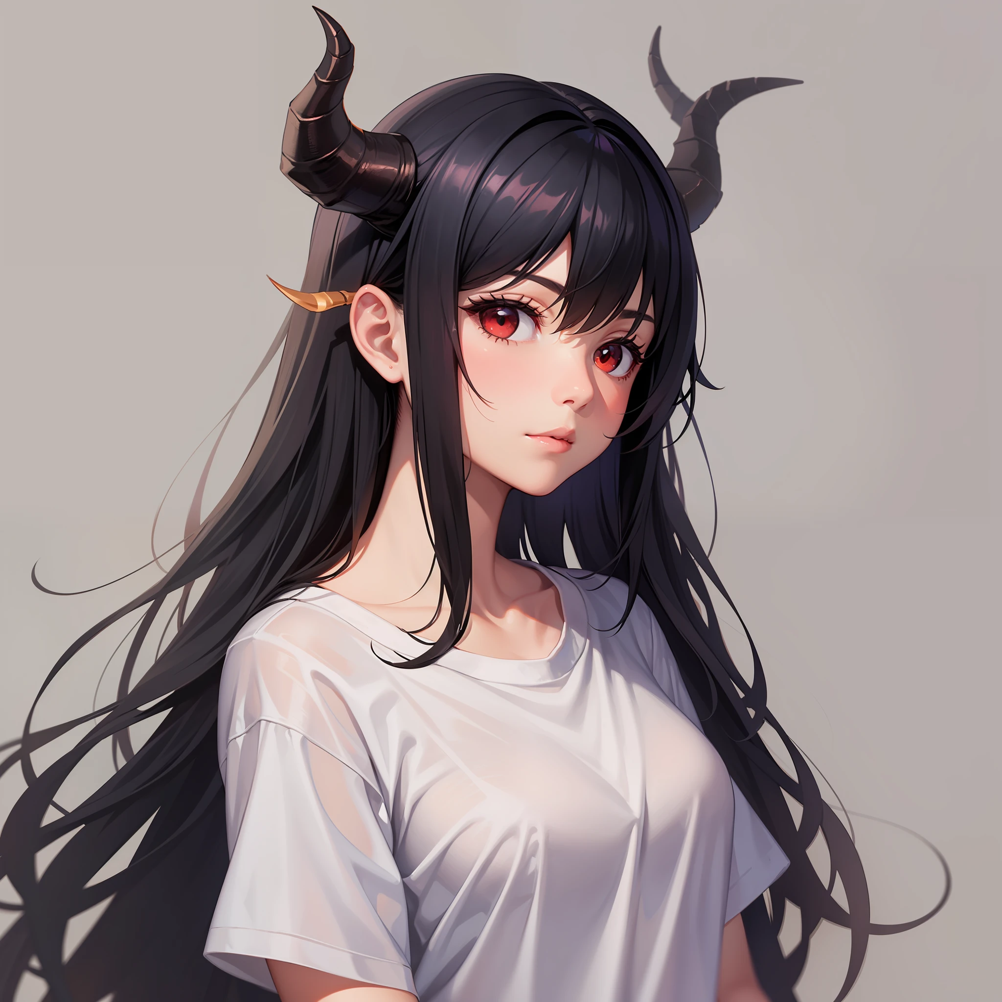 A girl with black hair and red eyes with dragon horns looks at you in a plain white t-shirt,Simple background