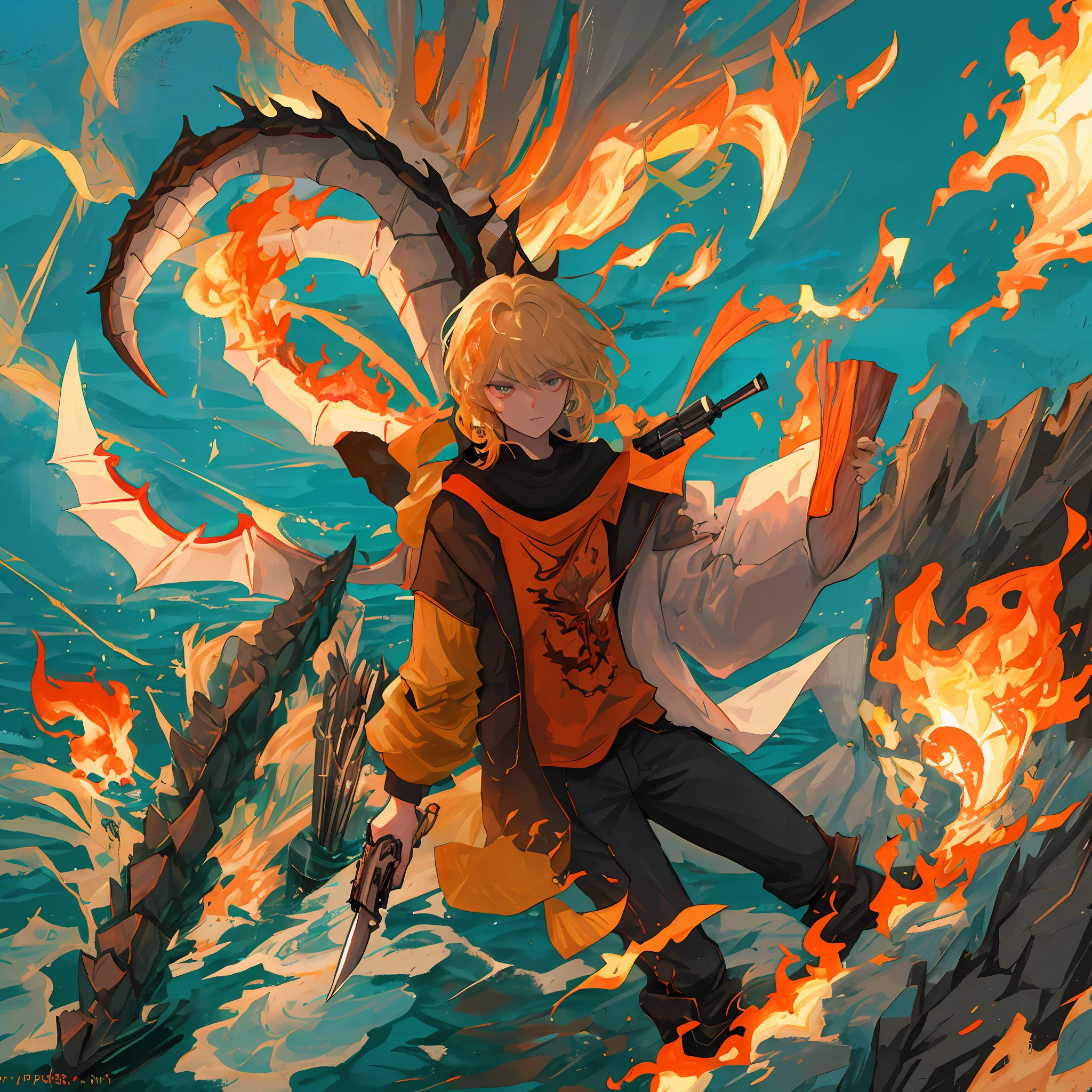 A giantess,He holds a short knife in his left hand and a long gun in his right hand,Battle a dragon covered in flames on the vast sea