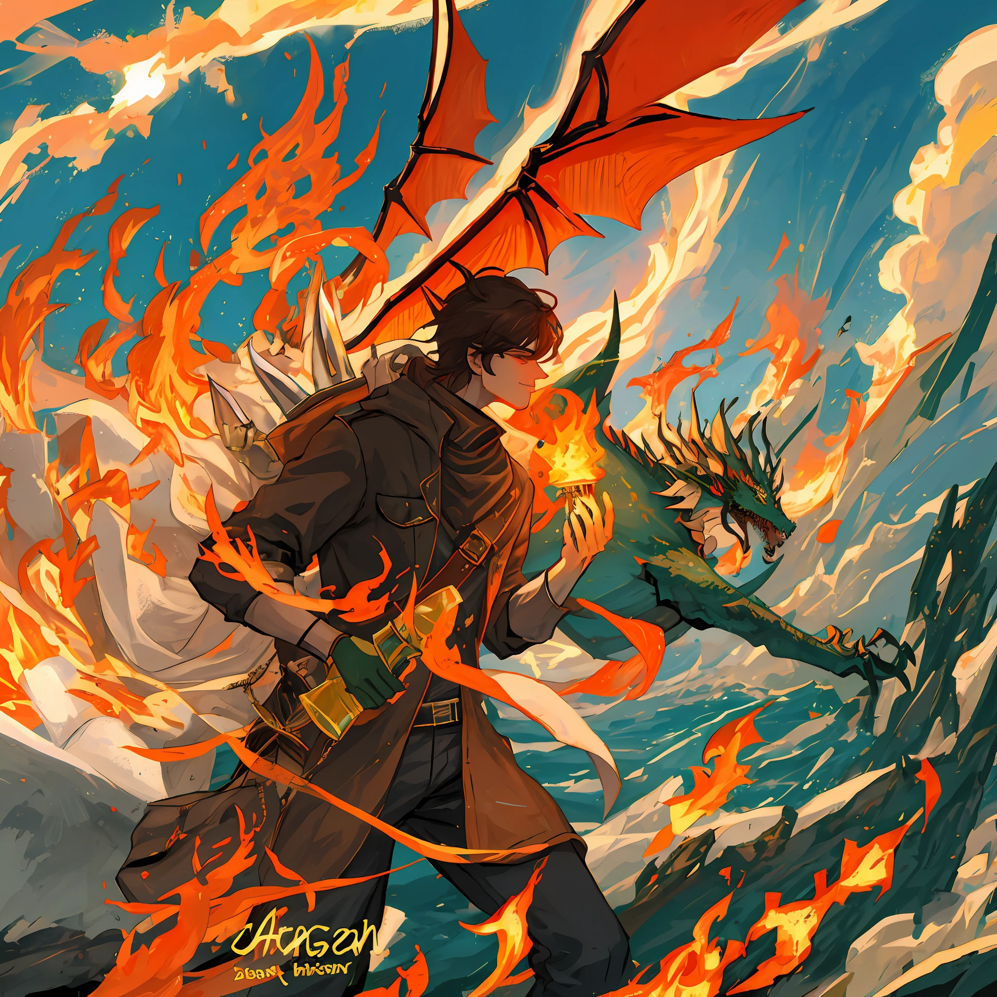 A giantess，He holds a short knife in his left hand and a long gun in his right hand，Battle a dragon covered in flames on the vast sea