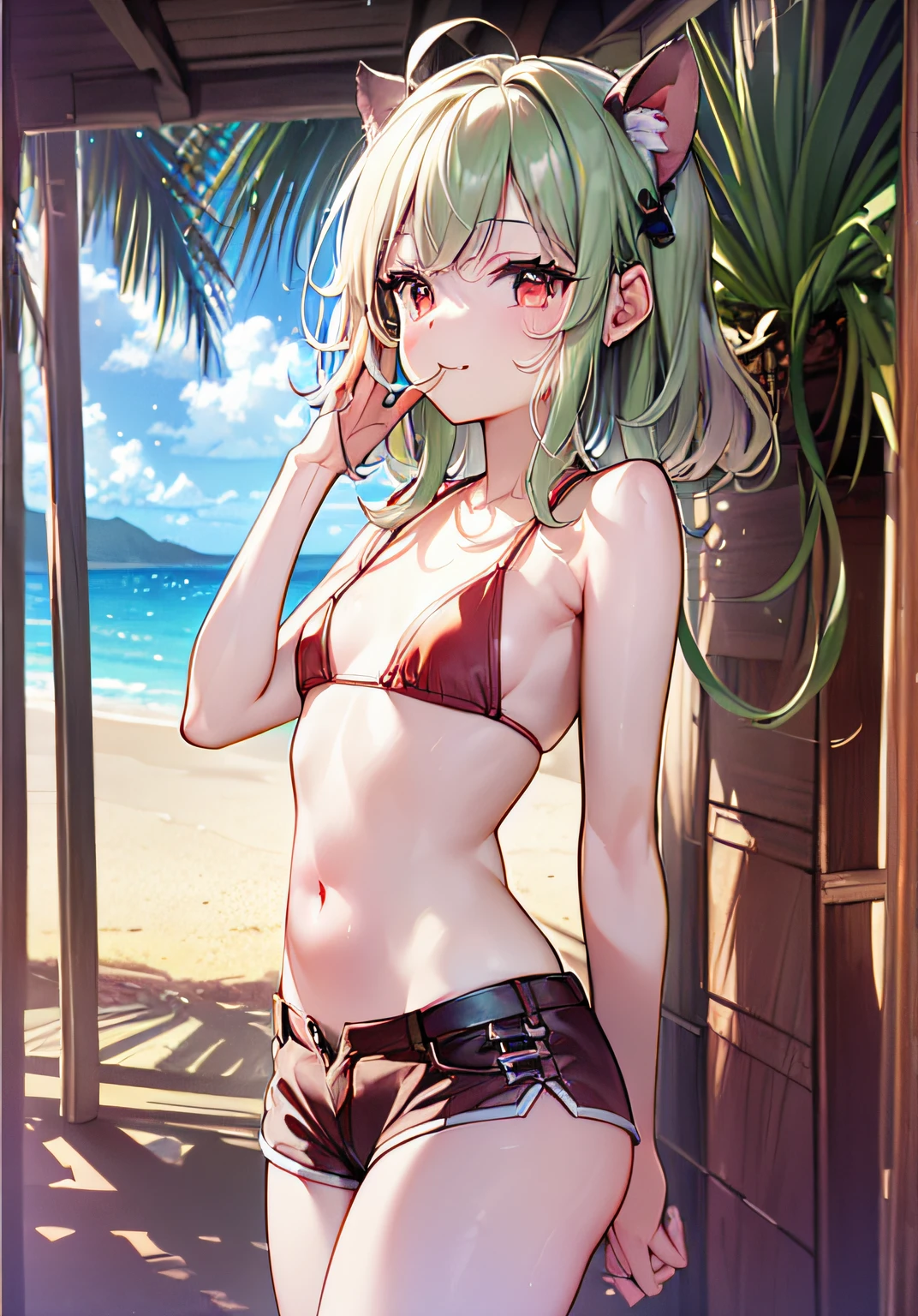 (((masterpiece))、(((beste-Qualit))、((extremely delicate and beautiful))、(Highly detailed CG Unity 8K wallpapers:1.3)、very delicate light、(Back lighting)、(steampunc)、
/=、
(((cowboy body))、(1loli:1.3)、独奏、(小柄)、(small tits)、red bikini、High Waist Shorts、Vermilion hair、red eyes、耳环、(Wavy Curly Shorthair)、(Ahoge)、(Cute face:1.114)、(finely eye:1.15)、(cute face:1.114)
、(Beautiful fine eyes and beautiful face:1.15)、
Girl with a smile、Look happy in a beautiful tropical landscape。Behind her the sun went down、Bring a warm glow to the scene、It creates a dreamy atmosphere。In the distance、Palm trees swaying in the breeze、sand beach、suns、the beach、the ocean、Horizon, etc.、It creates a laid-back retro atmosphere。
Highly detailed ray tracing