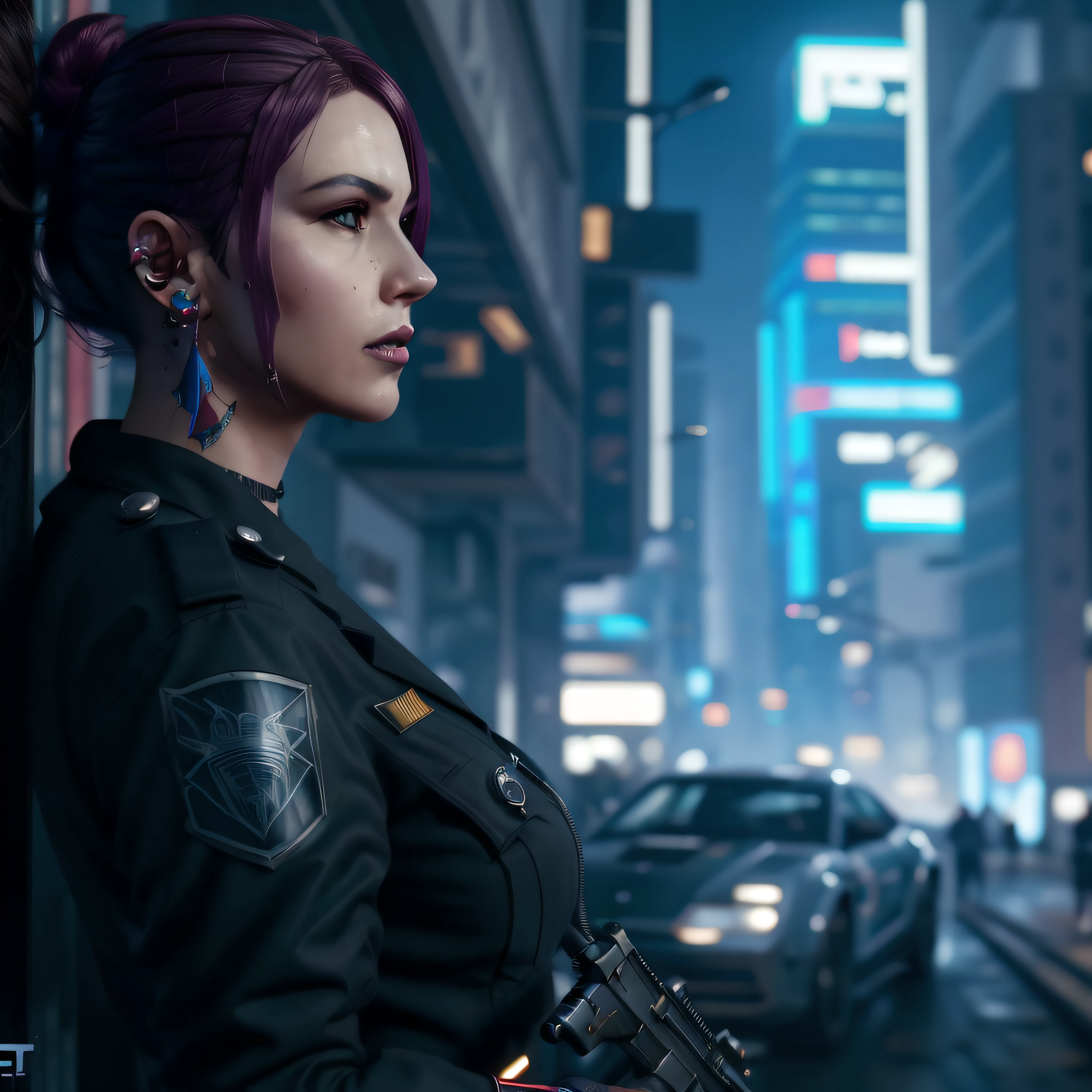 there is a woman in a police uniform holding a gun, Octane CGsociety, estilo cyberpunk hiper-realista, Cyberpunk femme fatale, cyberpunk ****** bonita, Cyberpunk 2 0 e. o modelo ******, CGSetaltion Cyberpunk, cyberpunk zangada deusa linda, mulheres cyberpunk, octane trending on cgsociety, Jackie Welles Cyberpunk, Garota cyberpunk, mulher cyberpunk --auto