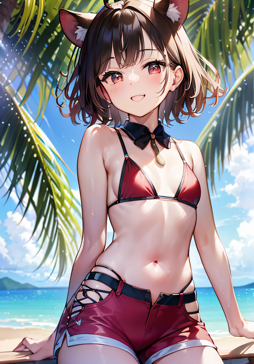 （（（​masterpiece））、（（（beste-Qualit））、（（extremely delicate and beautiful））、（Highly detailed CG Unity 8K wallpapers：1.3）、very delicate light、（Back lighting）、（steampunc）、

/=、
(((cowboy body))、(1loli:1.3)、独奏、(小柄)、(small tits)、red bikini、High Waist Shorts、Vermilion hair、red eyes、耳环、(Wavy Curly Shorthair)、(Ahoge)、(Cute face:1.114)、(finely eye:1.15)、(cute  face:1.114)
、（Beautiful fine eyes and beautiful face：1.15）、
Girl with a smile、Look happy in a beautiful tropical landscape。Behind her the sun went down、Bring a warm glow to the scene、It creates a dreamy atmosphere。In the distance、Palm trees swaying in the breeze、sand beach、suns、the beach、the ocean、Horizon, etc.、It creates a laid-back retro atmosphere。

Highly detailed ray tracing