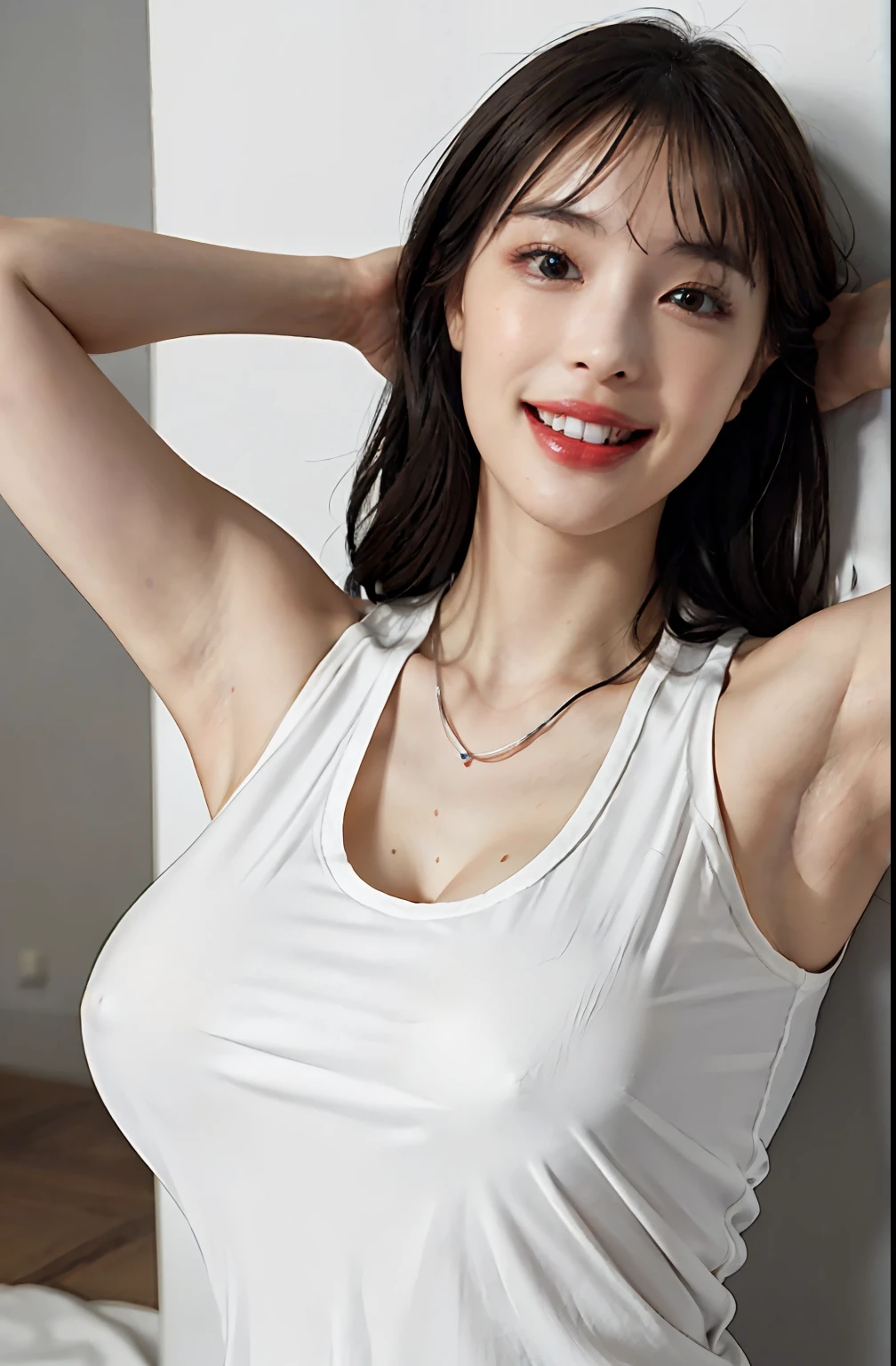 (A hyper-realistic), (illustratio), (hight resolution), (8K), (enormously detailed), (The best illustrations), (beautiful detailed eye), (beste-Qualit), (ultra-detailliert), (masterpiece), (wall-paper), (details face), a bed、Upper body close-up,Armpit, A smile,Plump,独奏,Girl in a tight white tank top with open chest, full of sweat, japanes, large full breasts, (camel's toe)、gigantic-breast、Detailed, well-groomed white teeth、Ultimate Beauty、shot on the Canon EOS R 6、full of sweat、(beautiful detailed teeth)、Silver Necklace、
