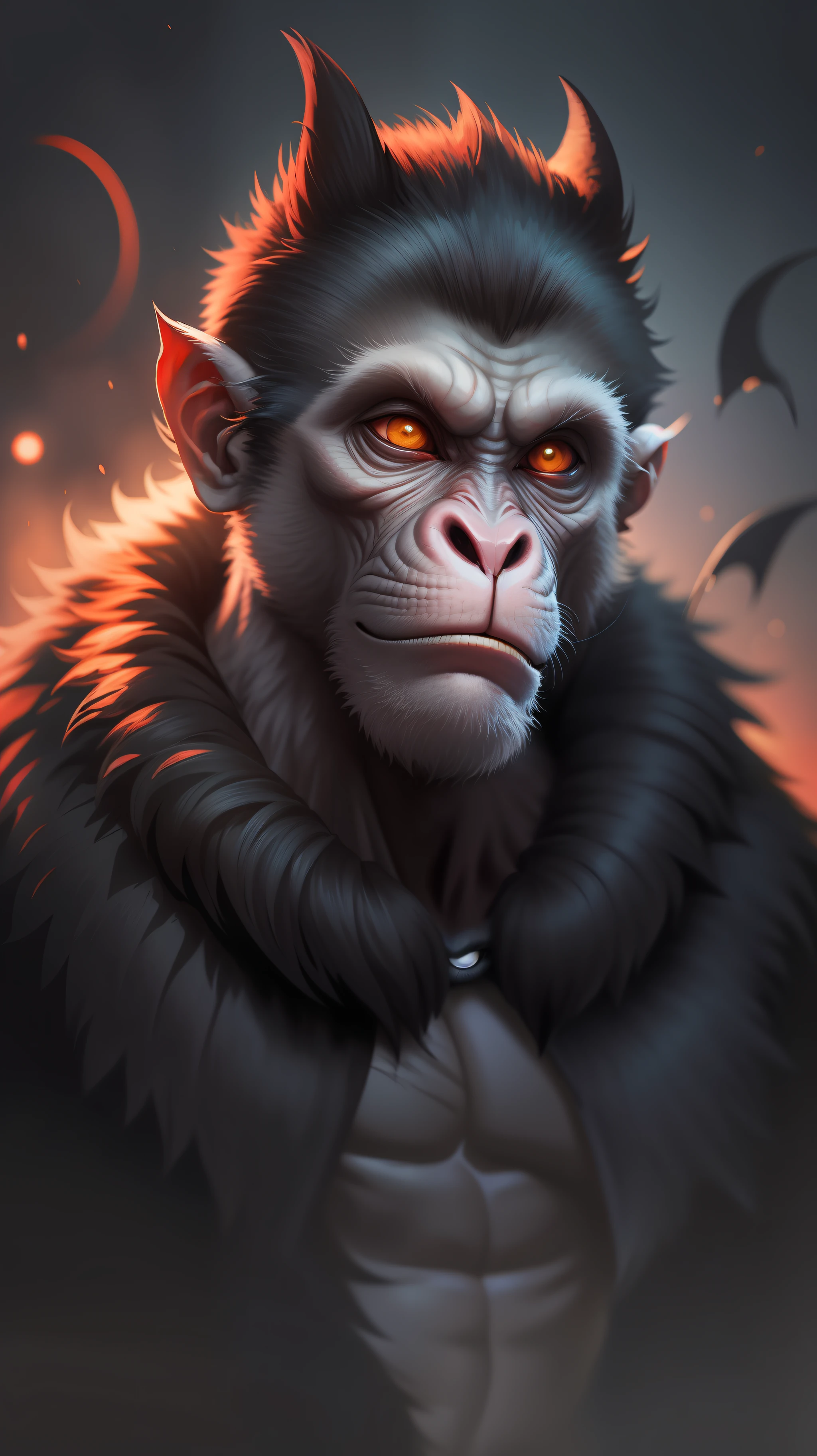 Devil monkey,dark night,dark background,high resolution, high quality,red