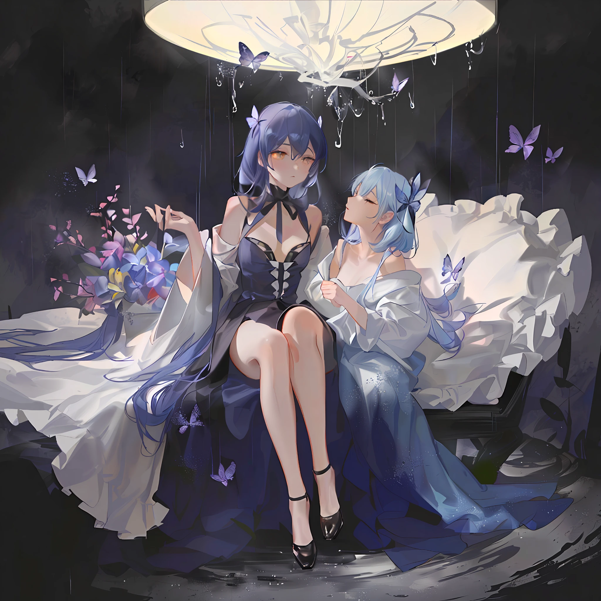 Anime characters sitting in the rain,On his hand rested a butterfly glowing blue,